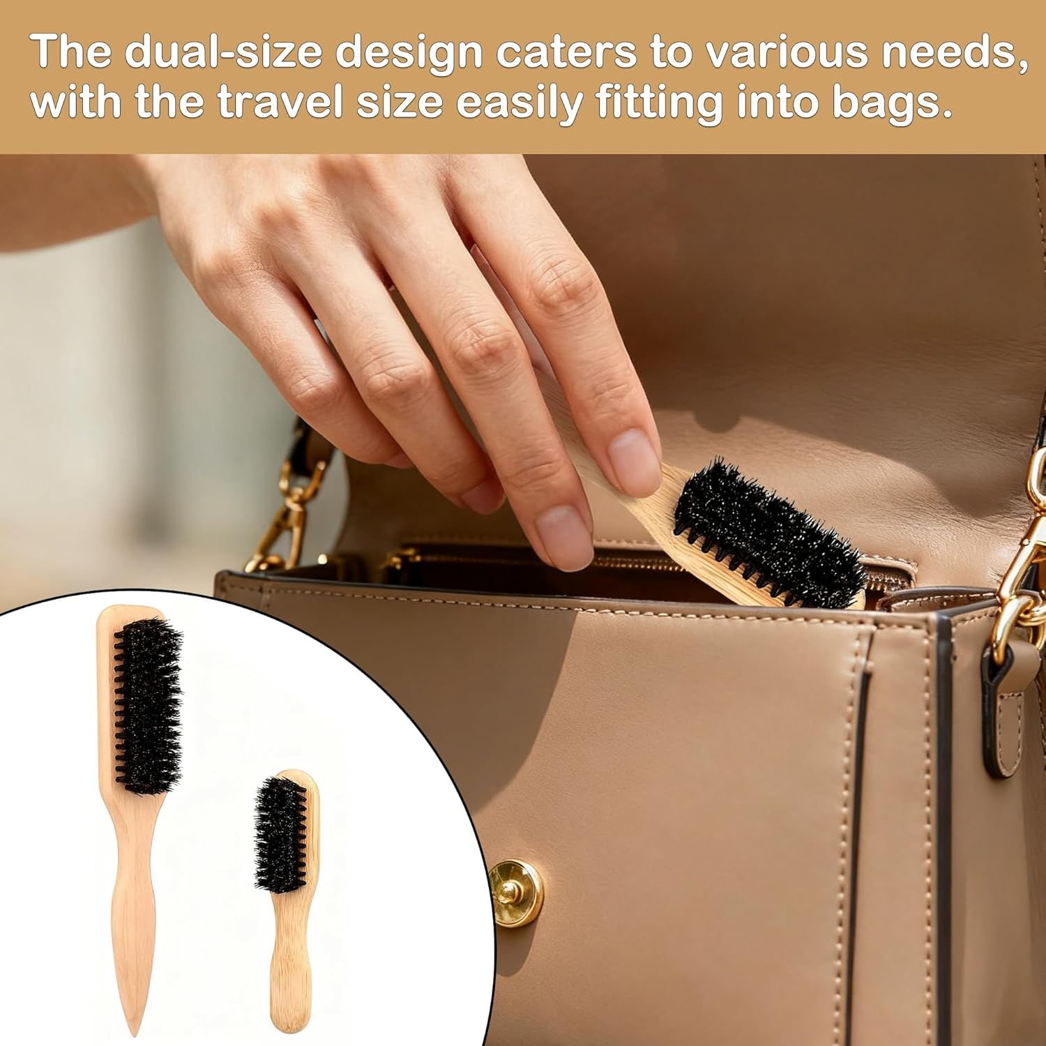2-Pack Slick Back Boar Bristle Hair Brush, Anti-Static Wooden Handle Styling Brush for Men & Women, Slick Brushes for Hair & Beard Care (Large for Household & Small for Travel) image number 3