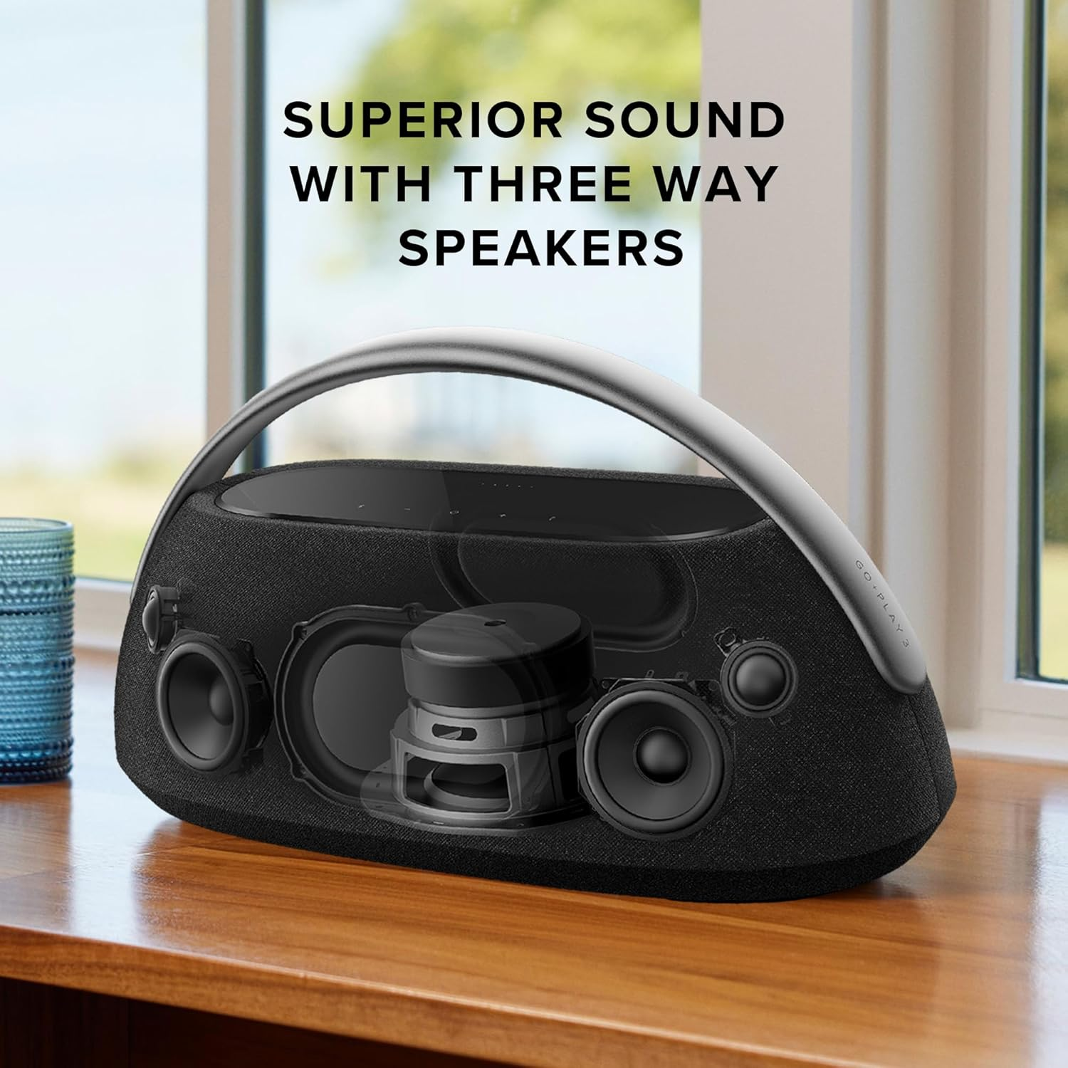 Harman Kardon Go + Play 3, Superior Sound Performance with Three-Way Speakers, Signature Design Elegantly Crafted with Premium Materials, Built-In Battery, Bluetooth Music Streaming, Grey - Black image number 2