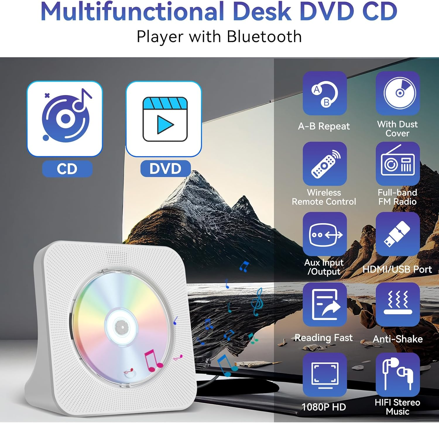 Qoosea DVD Player for TV with Bluetooth, HDMI and All Region Free Desktop DVD CD Player with Speakers Display Alarm Clock FM Radio USB Card Playback Include Remote Control, HDMI Cable(White) image number 3