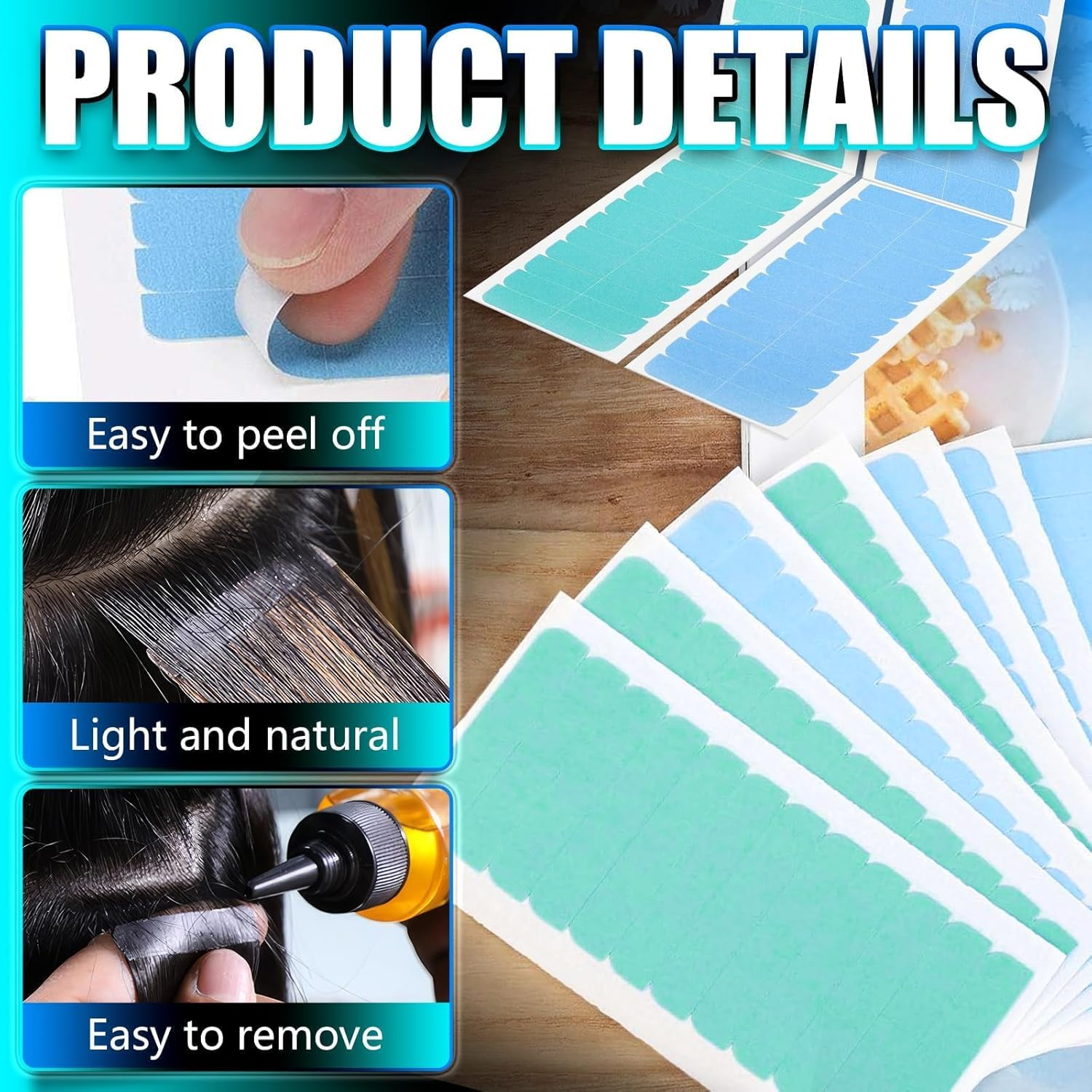 Double Sided Hair Extension 120 Pcs Adhesive Replacement for Hair Extensions, Wig Strips for Fixing Wigs, Hair Pieces (120 Pcs,Blue and Green)