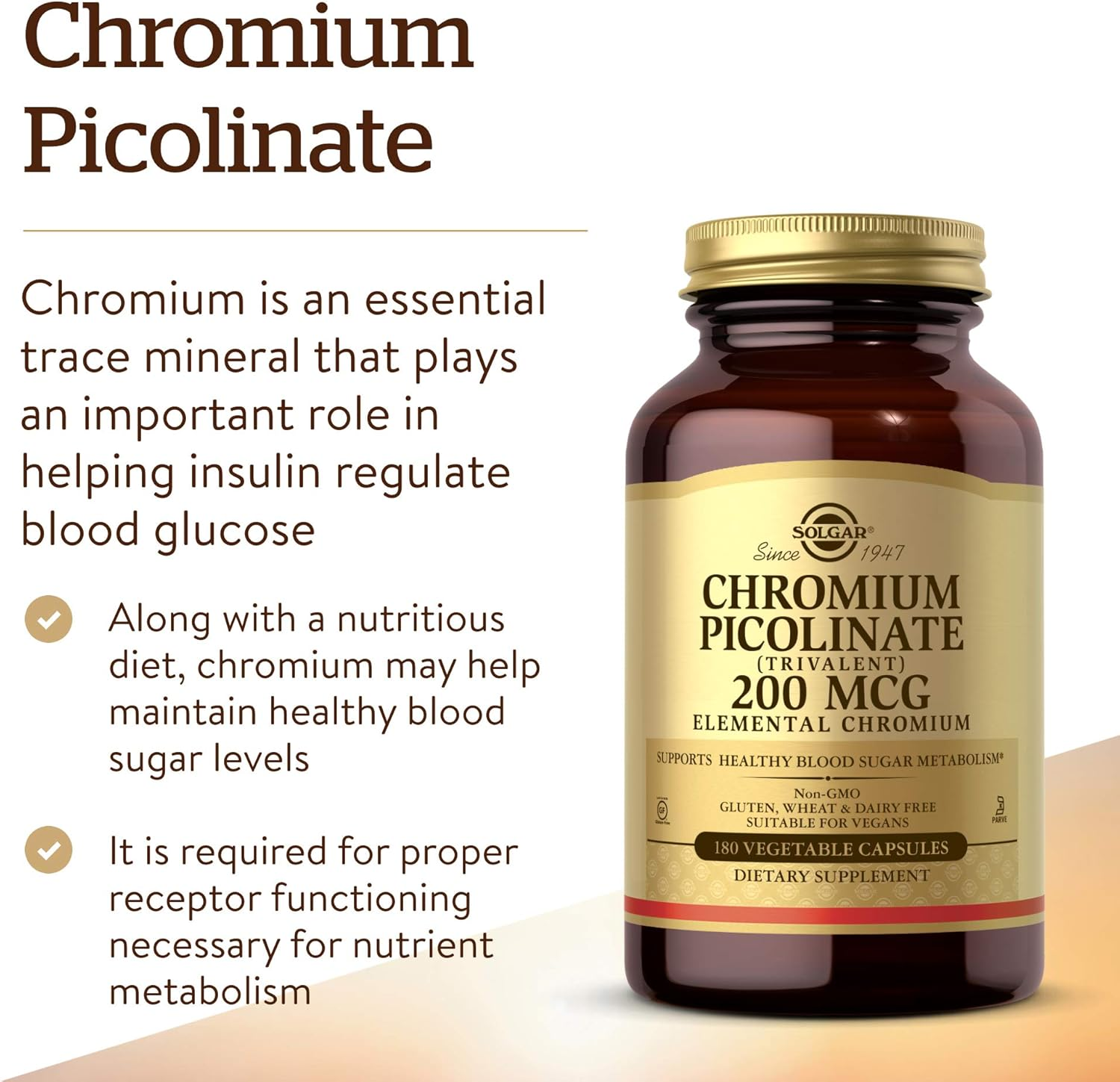 Solgar - Chromium Picolinate 200 Mcg Vegetable Capsules 180 Count image number 2