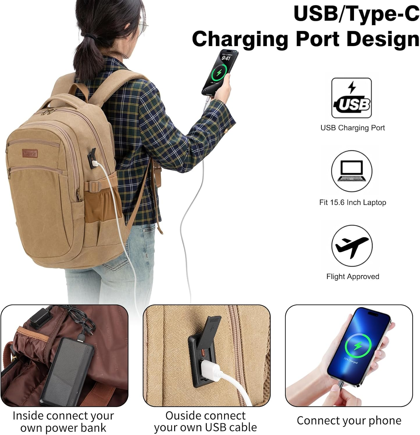 Tzowla Vintage Canvas Laptop Backpack for Men and Women,College Travel Work Rucksack Fit 15.6 Inch Laoptop