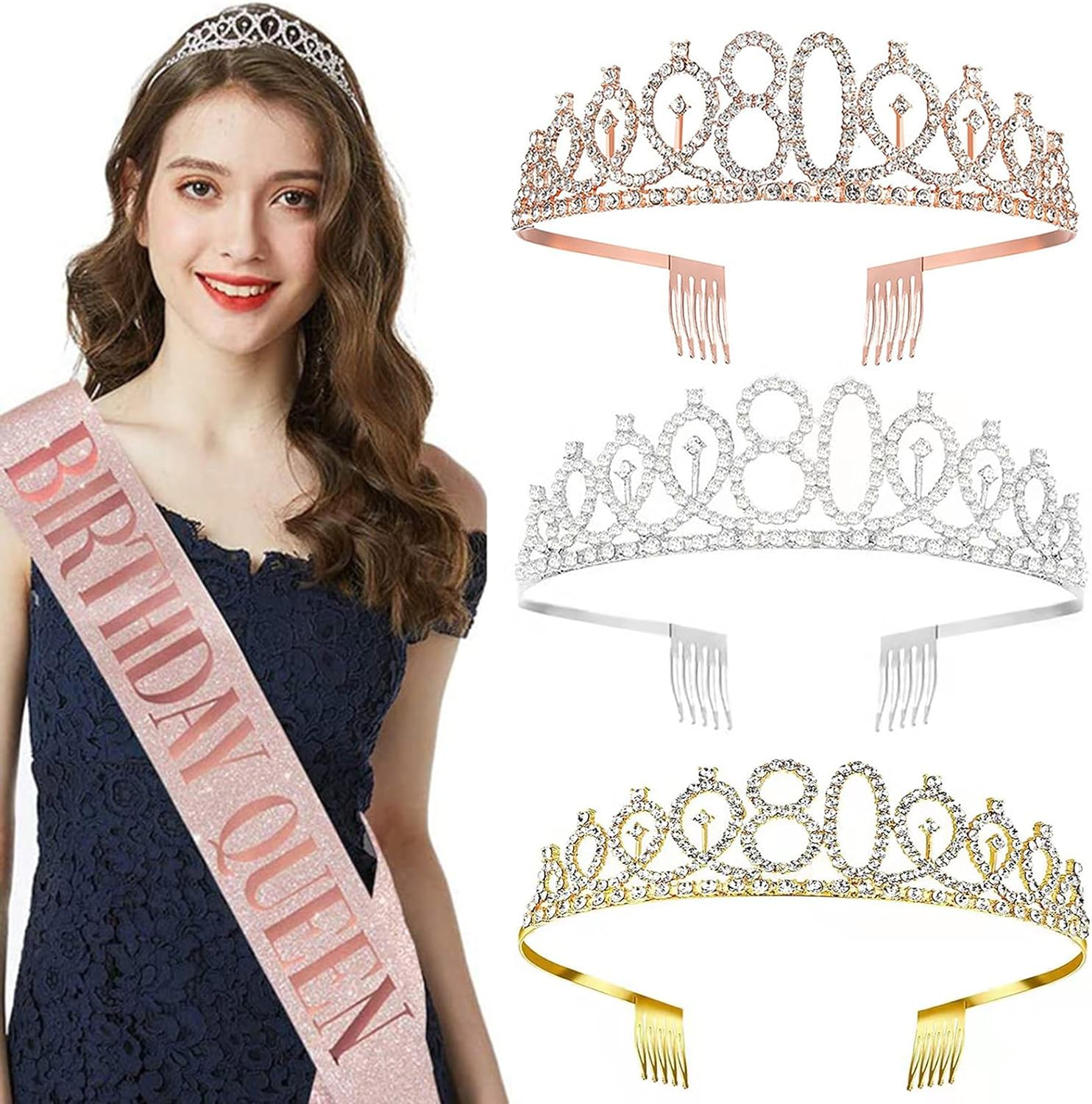 80Th Birthday Sash and Tiara for Women, 80 & Fabulous Sash and Tiara Birthday Crown - Gold image number 2