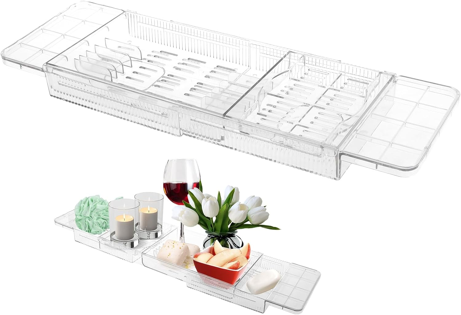 Expandable Bathtub Caddy Tray 56.5Cm to 80.5Cm Adjustable Length Clear Bathtub Tray Plastic Drain Bath Shelf Caddy Adjustable Plastic Bathtub Caddy Bathroom Tray Bathtub Accessories image number 3