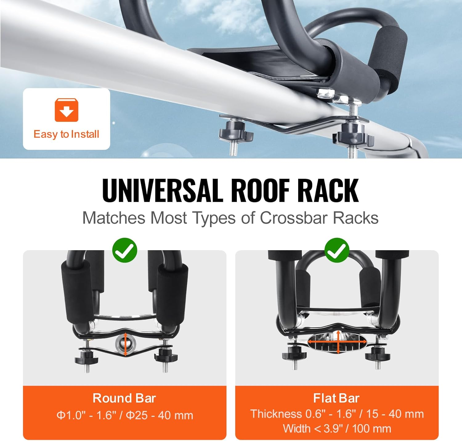 VEVOR Kayak Roof Rack 1 Pair J-Bar, Soft Roof Rack, Top Mount Tie Down, Carrier for Kayak, Surf Board, Canoe, SUP, Ski Board, Mount on Car, SUV, Truck, 1 Kayak image number 3