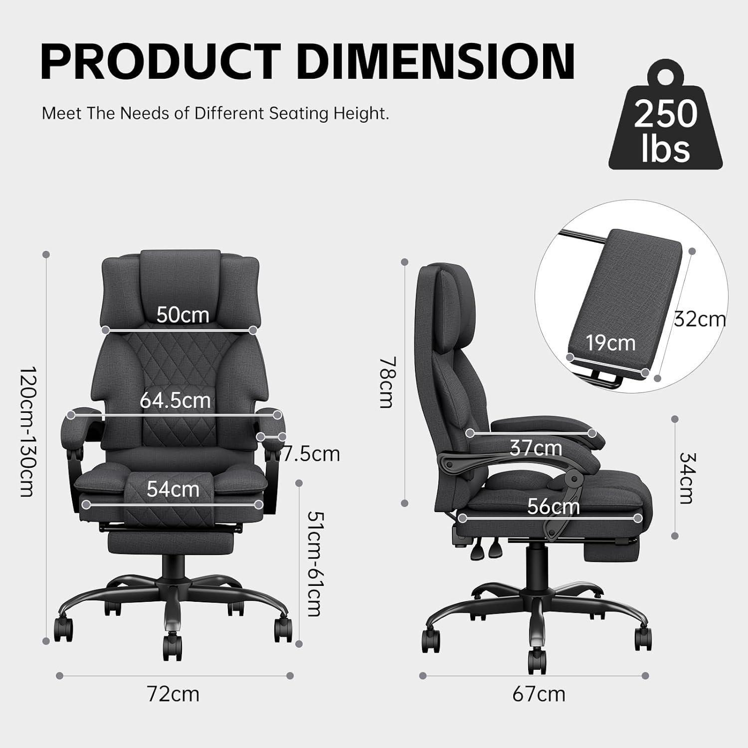 Ergonomic Office Chair, Big and Tall Computer Chair for Adults with Footrest, Fabric Desk Chair with Lumbar Support & Luxury Executive Recliner, High Back, 350LBS, Dark Grey - Deep Grey image number 5