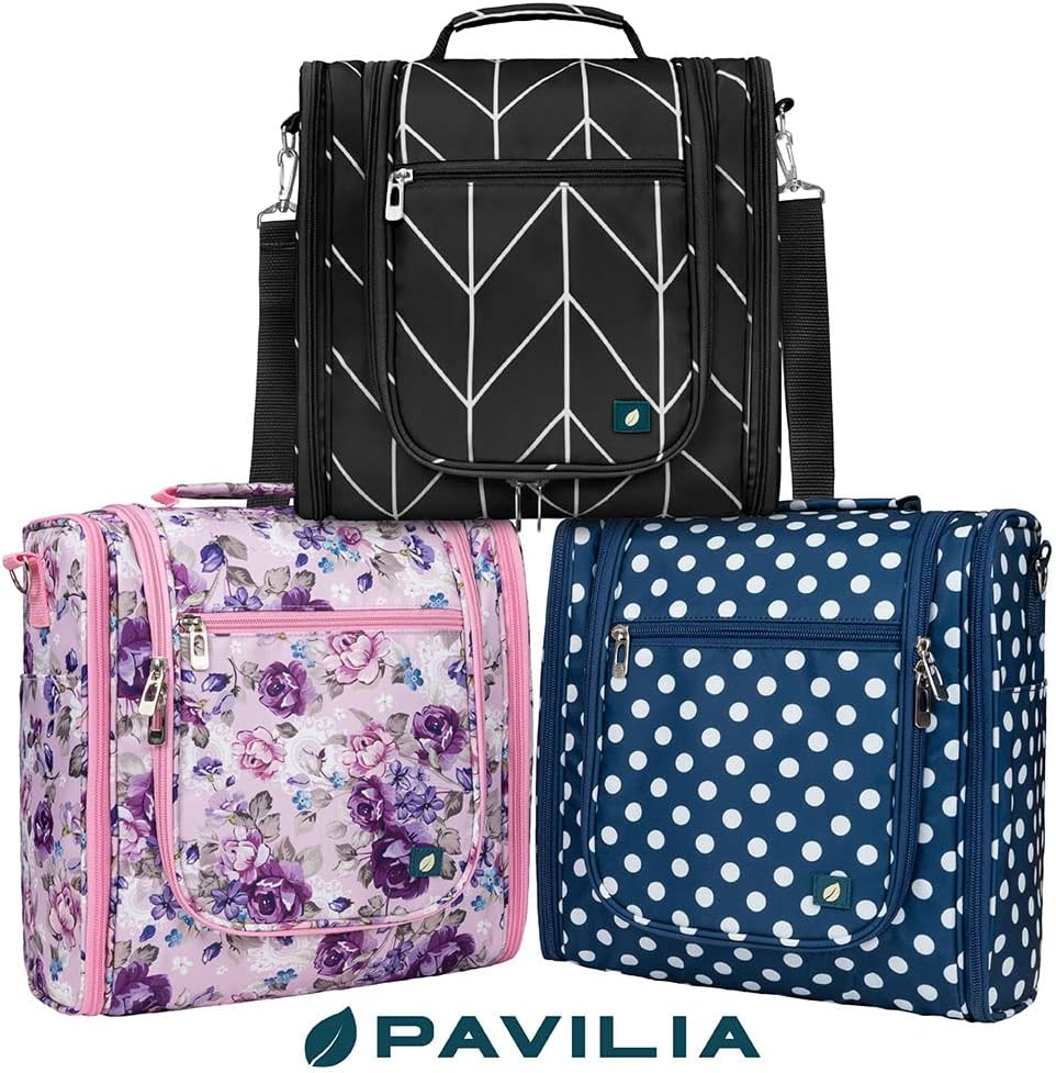PAVILIA Extra Large Toiletry Bag Travel Bag for Women Men, Hanging Cosmetic Organizer, Water Resistant Makeup Bag for Accessories Toiletries, Travel Essentials Kit (Floral Pink) image number 6
