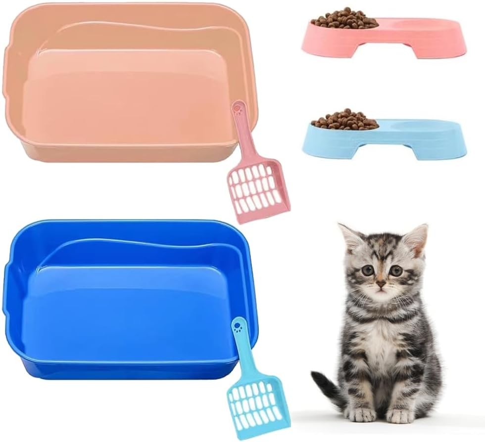 Kitty Litter Box Starter Kit - Small Cat Litter Pan without Lid, Litter Mat, Scoop and Bowl for Kitten within 3 Months (Greyscoop)