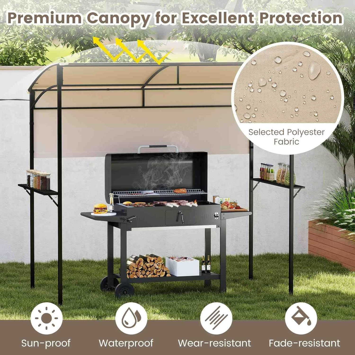 Costway 238 X 134 Cm Grill Gazebo, Outdoor Patio BBQ Canopy W/Steel Shelves, Hooks, Bottle Openers, Extra Shadow, Soft Top Barbecue Picnic Tent Shelter for Backyard Deck Garden Lawn, Sun-Protective image number 4