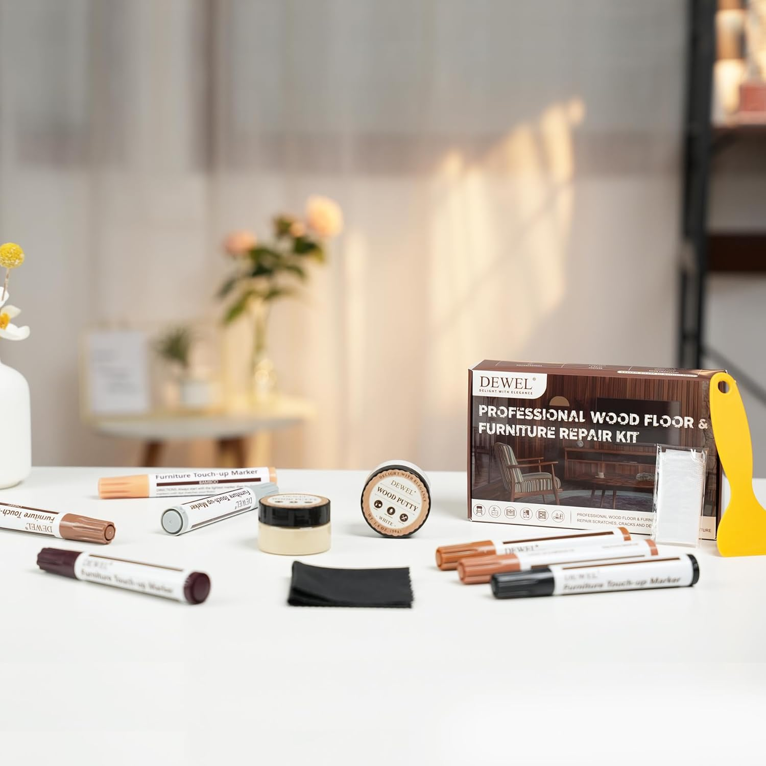 DEWEL 10 Colors Furniture Markers Touch up & 2 Colors Wood Putty, Wood Scratch Repair Kit for Filling Scratches, Cracks, Holes, Dents, Scuffs - a Simple and Convenient Wooden Repair Solution image number 6