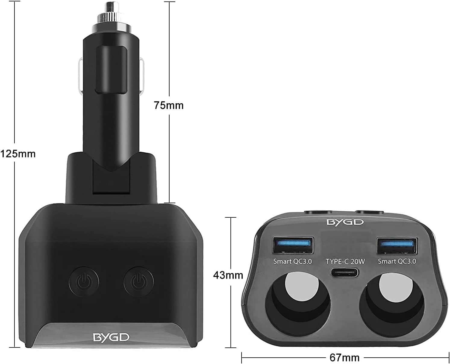 Car Cigarette Lighter Adapter, 12V/24V 2-Socket Power Cigarette Lighter Splitter with Dual USB Ports Multifunction Car Charger Adapter Independent On/Off Switches and LED Voltage Display(Black) image number 1