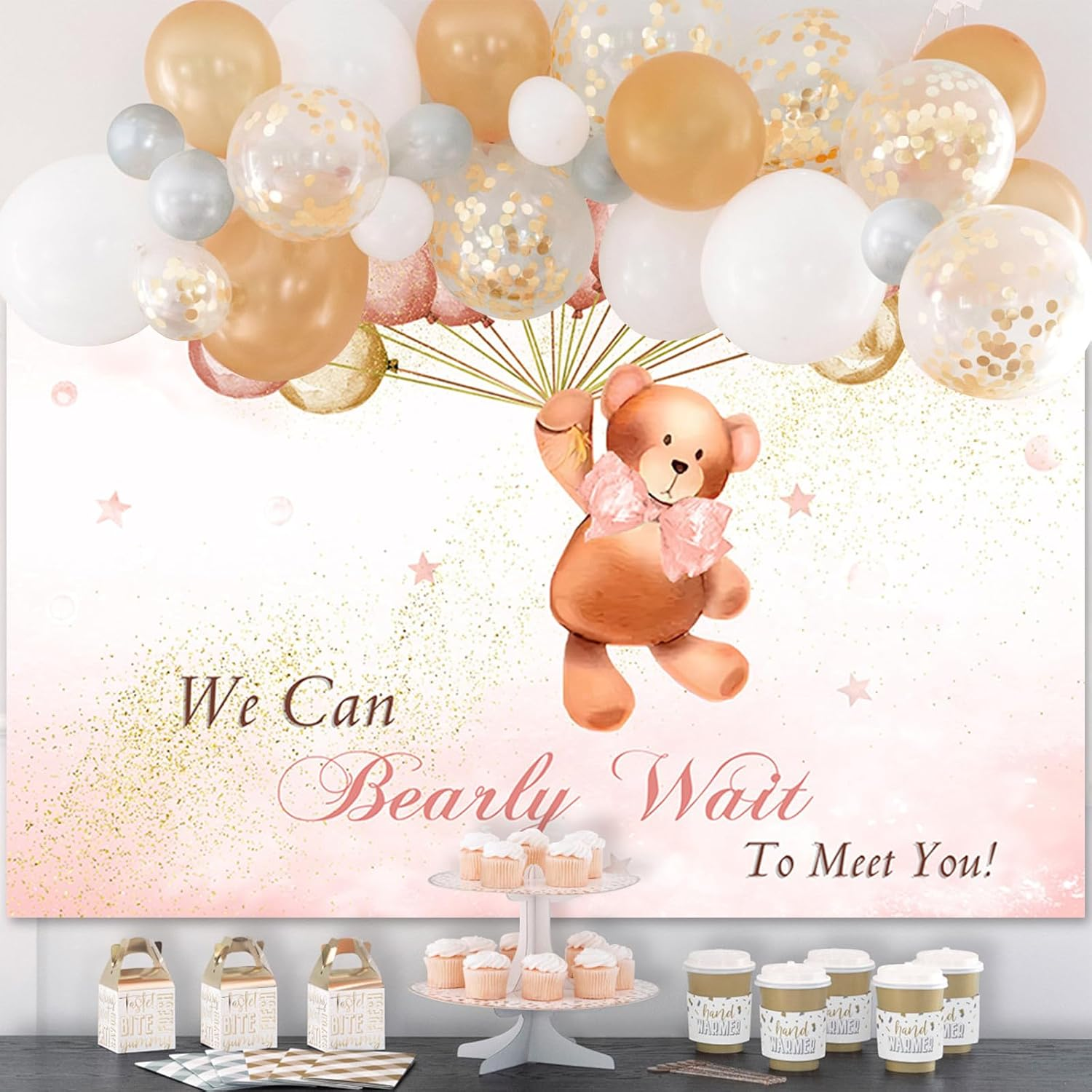 APROPHIC Bear Boy Baby Bathing Background We Can Look Forward to Meeting You Pink Balloon Gold Glitter Photo Background Party Banner Cake Table Decoration Photo Stand Accessories 210 X 150 Cm image number 2
