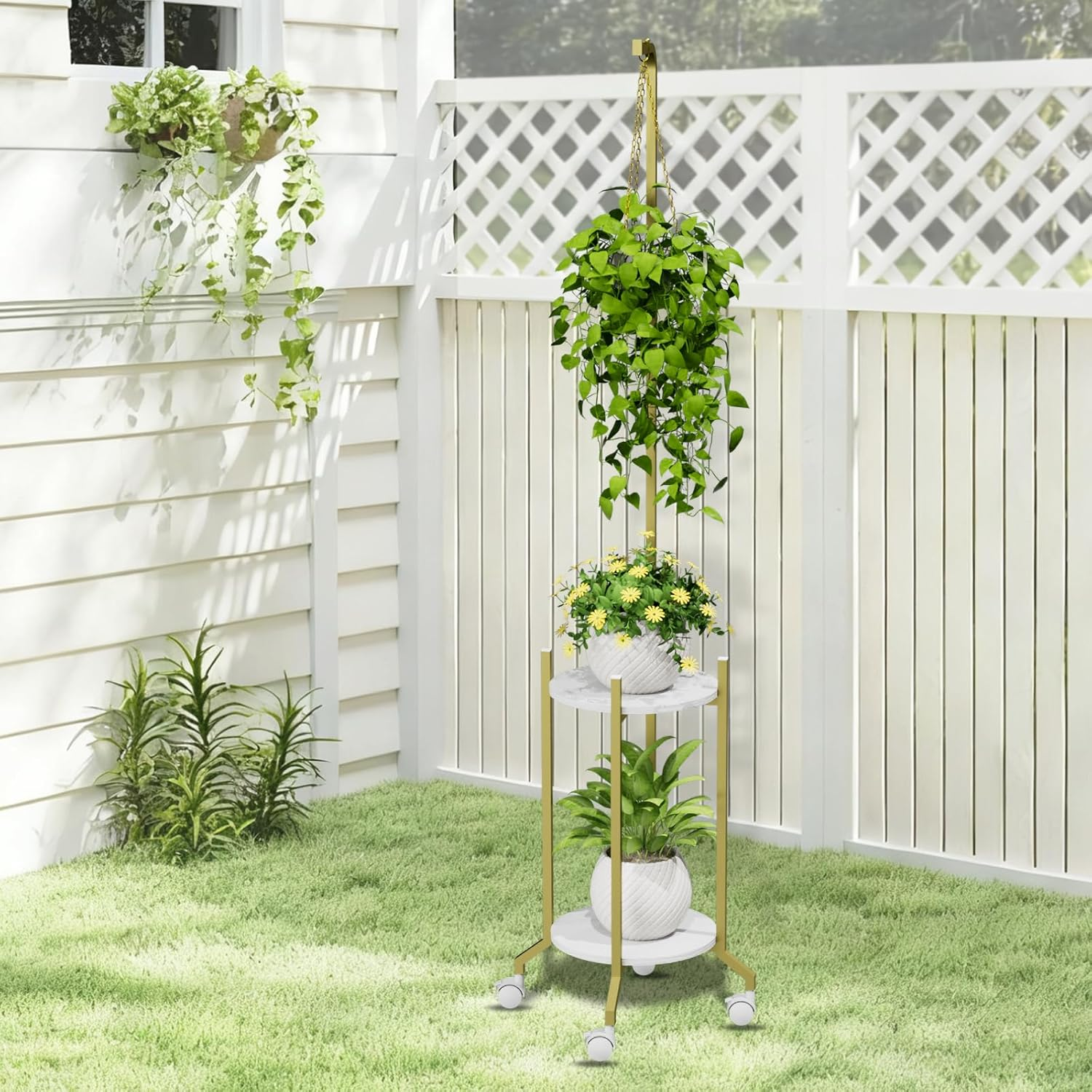 Plant Stand Indoor, 2 Tier Hanging Tall Plant Shelf with Wheels, 3 Potted Corner Flower Stand Metal Plant Holder, Plant Shelves for Living Room, Bedroom, Patio, Outdoor, Black (White-Glod) image number 3