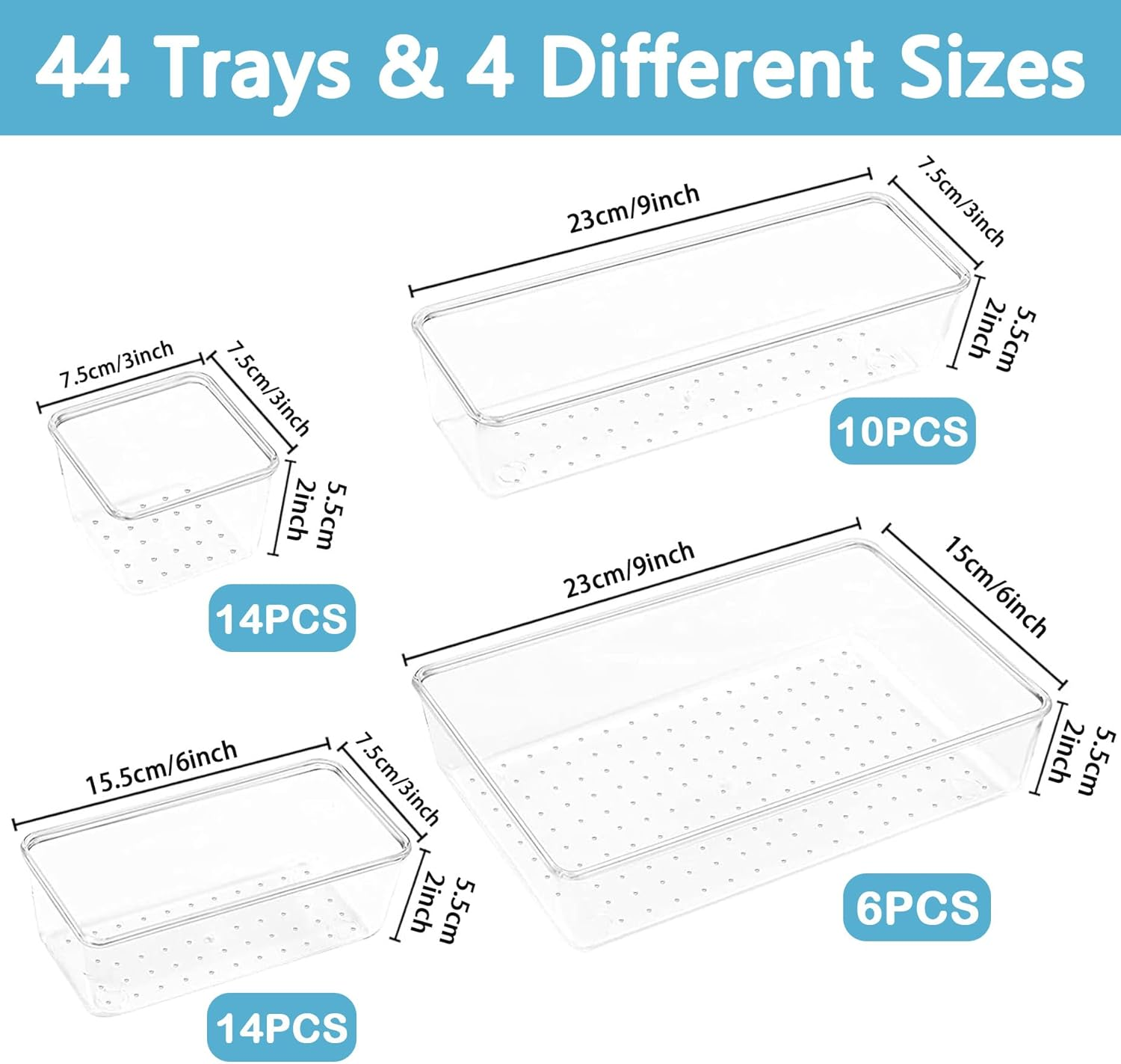 Clear Plastic Drawer Organizers Set Bathroom and Vanity Drawer Organizer Trays Storage Bins Containers for Makeup Bedroom Office (44PCS) image number 6