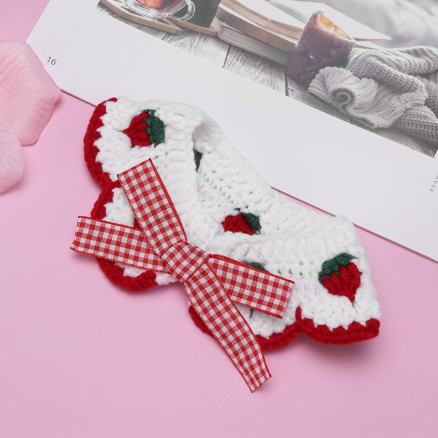 Emagtech 2 Pieces Knitted Collar for Cats Neck Circumference 20-25 Cm Suitable for Cats Weighing 2-4 Kg with Cute Bow Tie and Strawberry Pattern for Cats Kittens and Puppies (S) image number 4