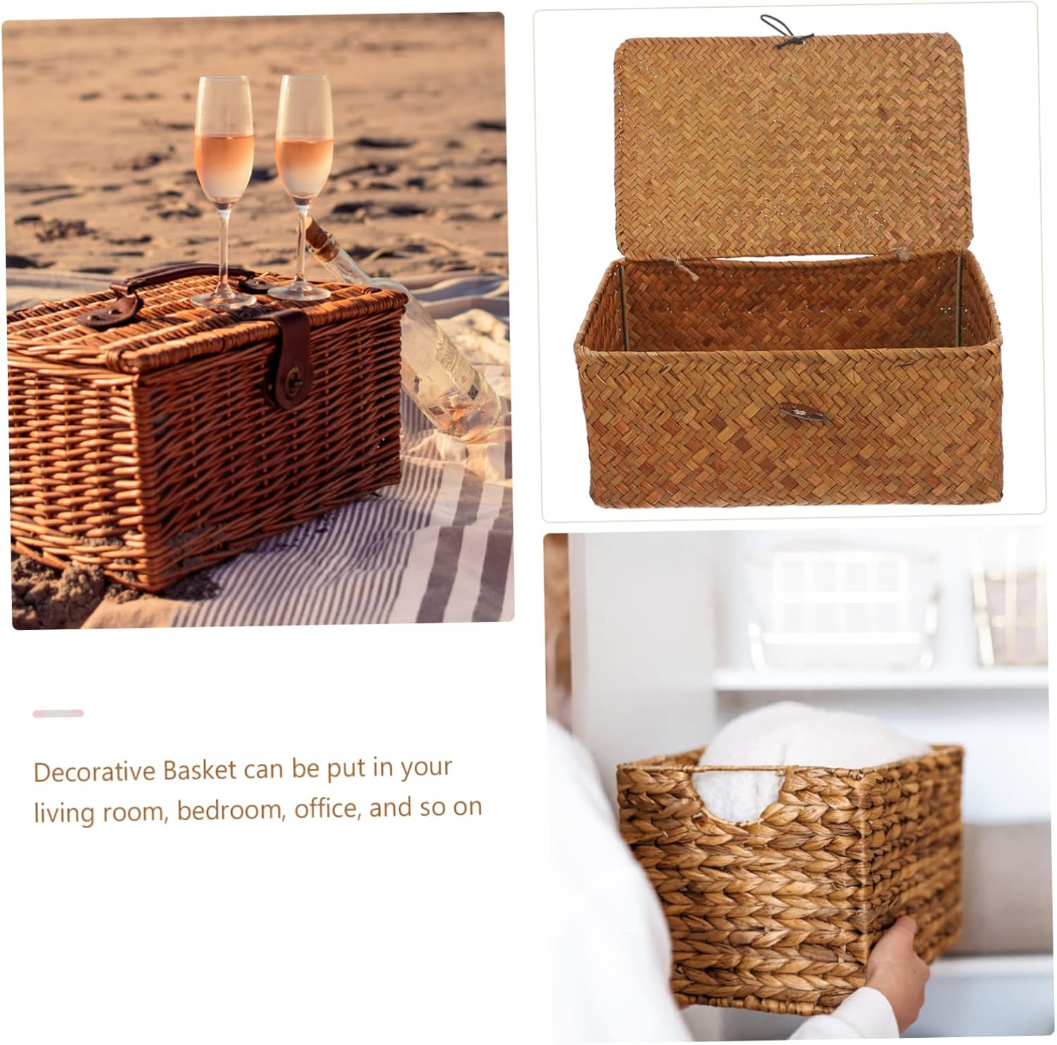 Decorative Woven Storage Basket Large Rectangular 29X19X12Cm Wicker Basket Lid Rustic Desktop Organizer for Home and Office Storage image number 1