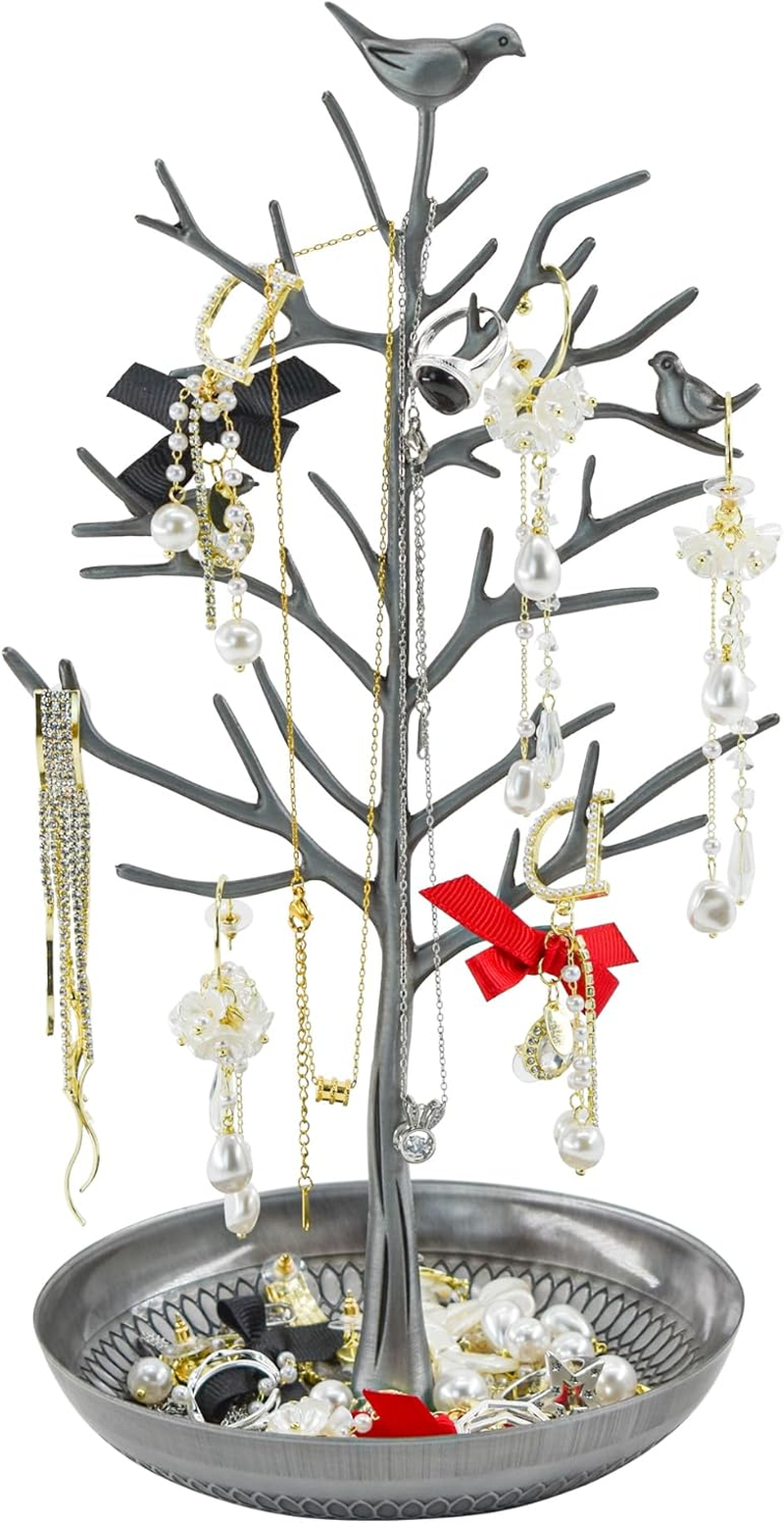 Mrmrkura Jewelry Tree Earring Necklaces Holder, Tree Tower Organizer for Women Girl Jewelry Rack Stand Display for Earrings, Necklaces, Rings (Black)
