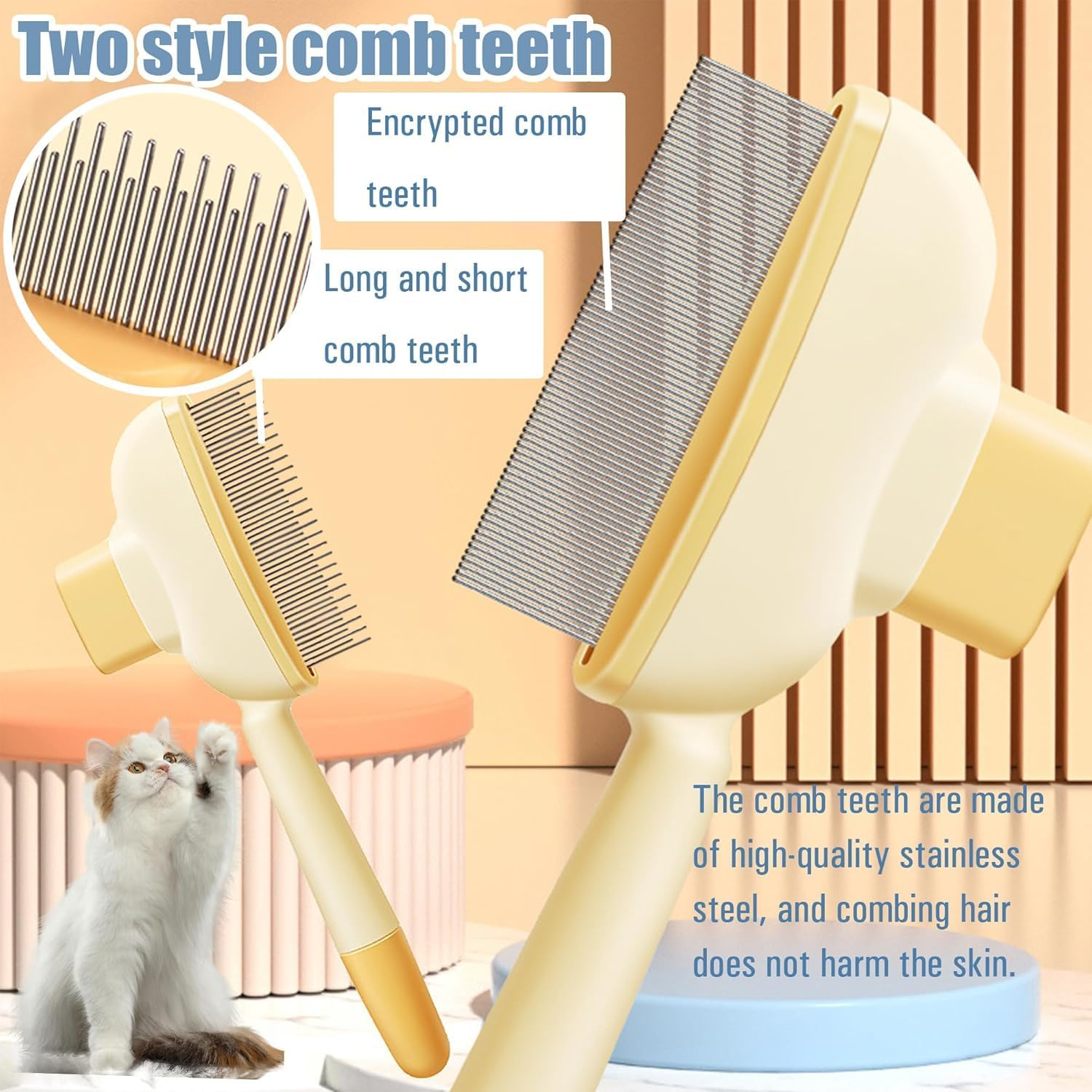 Yharnamite 2 Pcs Pet Hair Removal Flea Comb, Grooming Brush Suitable for Cat and Dog, Multifunctional Cat Brush with Release Button for Short & Long Hair (Yellow) image number 5