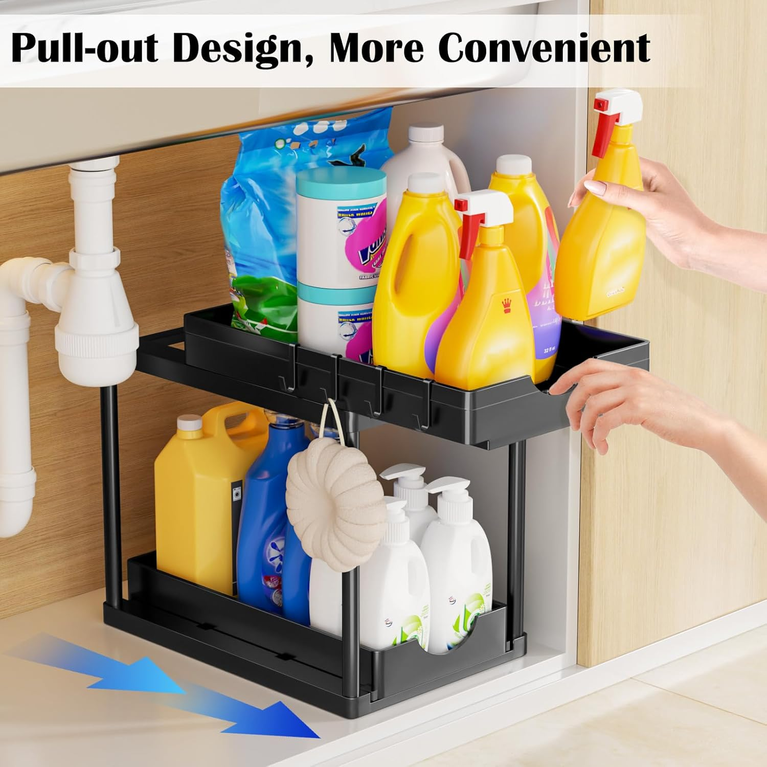 2 Pack Double Sliding under Sink Organizers and Storage, Kitchen Accessories, Two Tier Bathroom Storage and Organization, under Cabinet Organizer with Hooks, Home Organization, Black image number 5