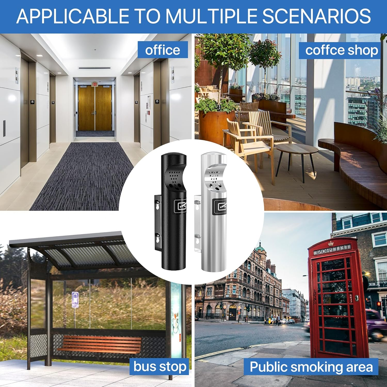 Outdoor Cigarette Ashtray, Wall Mounted Butt Receptacle, Commercial Disposal Container, Smokers Outpost for Patio - Stainless Steel - Black image number 7