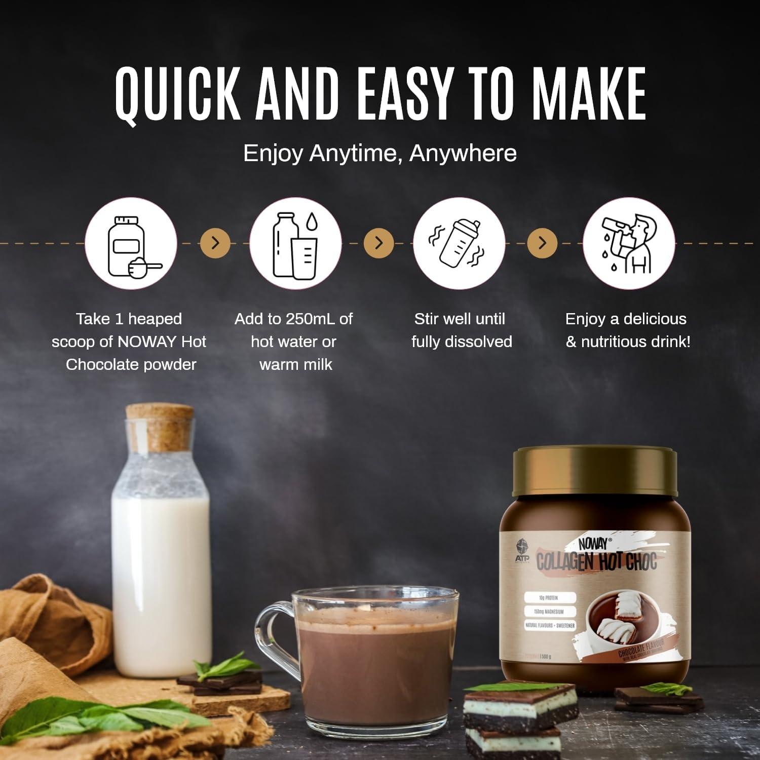 NOWAY Collagen Hot Chocolate Powder, No Sugar, Rich Chocolate Flavour with Collagen and Magnesium, Ideal for Anytime Indulgence, 500G image number 5