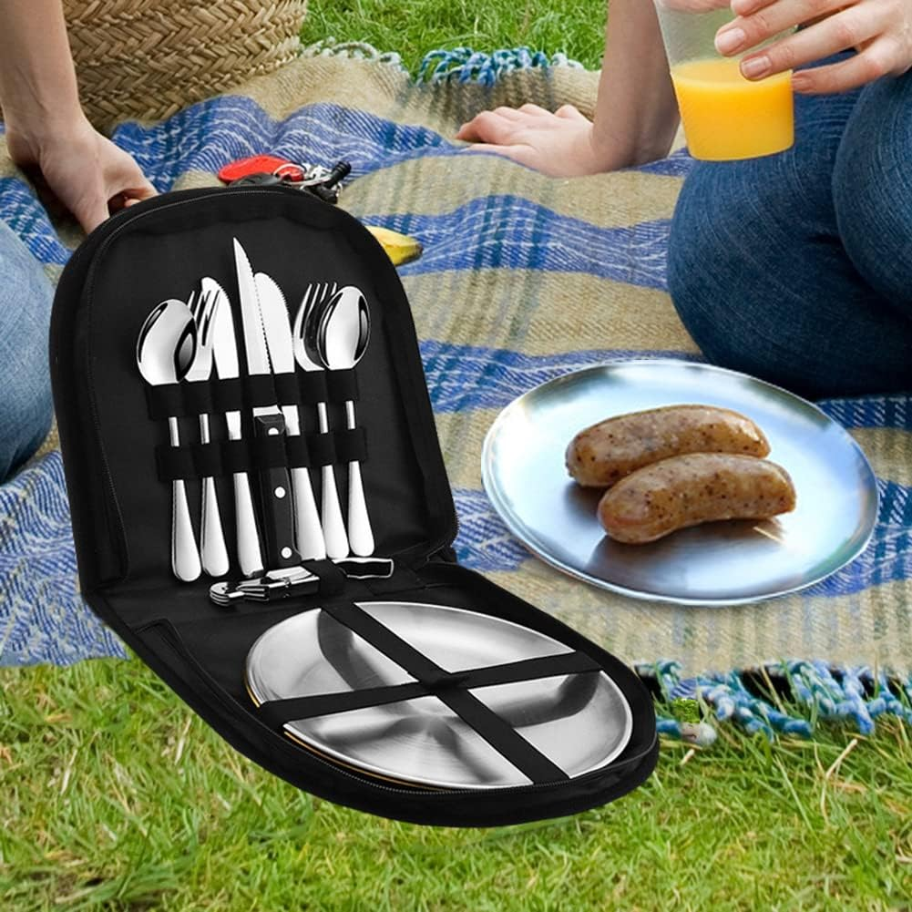 Issdem Metal Camping Utensil Set, Camping Silverware Set for 2, Reusable Travel Cutlery with Case Include Knife Fork Spoon Dish and Beer Cap Opener image number 3