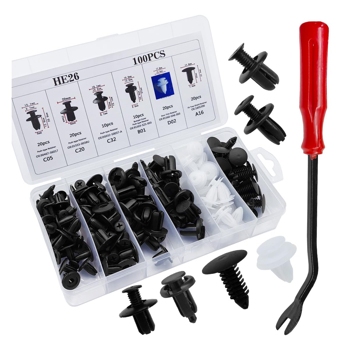 100PCS Car Bumper Clips, Plastic Car Push Pin Rivet Set, 6 Sizes Auto Body Trim Screw Fasteners Push Retainer Clip Kit with Fastener Remover, Auto Fenders Clips Replacement Parts (100Pcs&Tool) image number 3