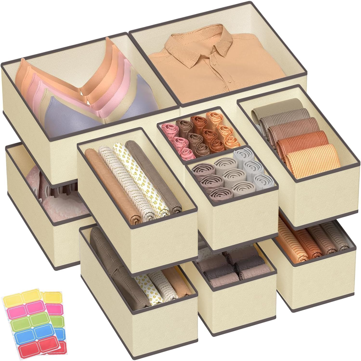 Doublecare 12 Pack Clothes Drawer Organizer, Foldable Drawer Organiser Clothes, Underwear Organiser for Clothes, Pants, Skirts, Socks, Underwears, Baby Clothing, Towel (Beige)