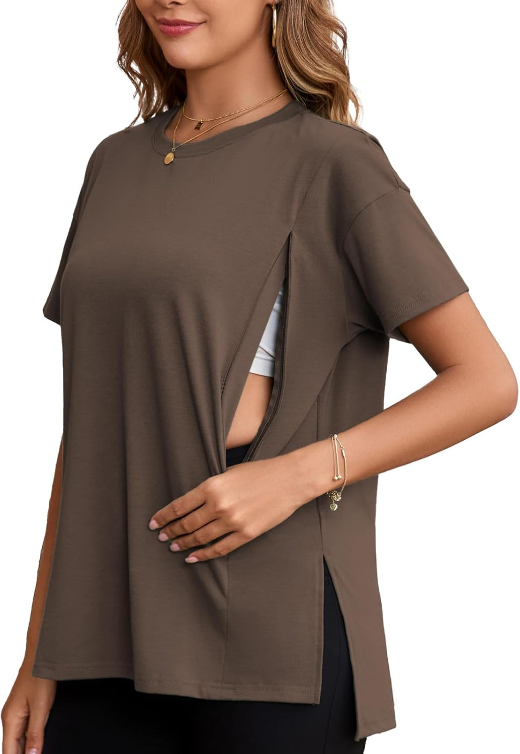 Ecavus Women'S Oversized Nursing Shirts for Breastfeeding with Hidden Zipper Short Sleeves Side Splits Maternity Tops