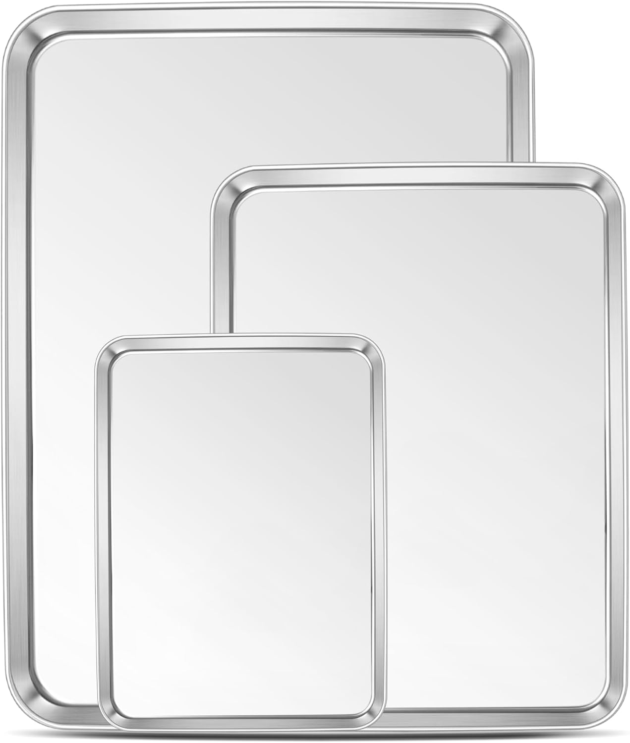 E-Far Baking Pans Set of 3, 16/12.5/9.3 Inch Stainless Steel Cookie Sheet Pan for Oven, Bakeware for Brownie Lasagna Casserole Cake, Non Toxic & Easy Clean image number 5