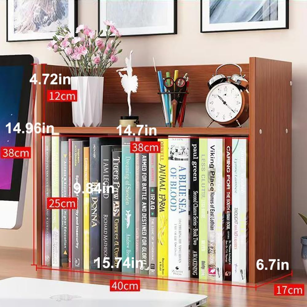 Hbluefat Desktop Bookshelf, 2-Tier Wood Desk Display Stand Organizer, Small Tabletop Bookcase Storage for Home Office, Living Room, Bedroom (Teal) image number 4