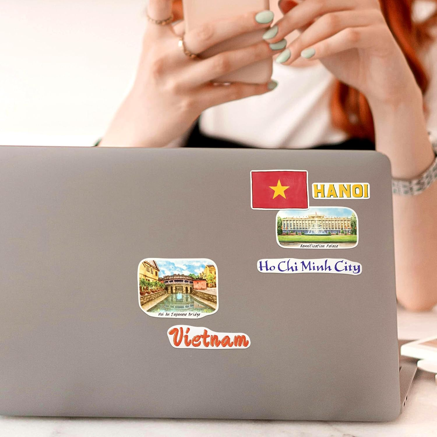 Navy Peony Vibrant Vietnam Travel Stickers (28Pcs) - Watercolor, Vietnamese-Themed Vacation Decals for Journals, Scrapbooks, Luggage, Tumbler image number 4