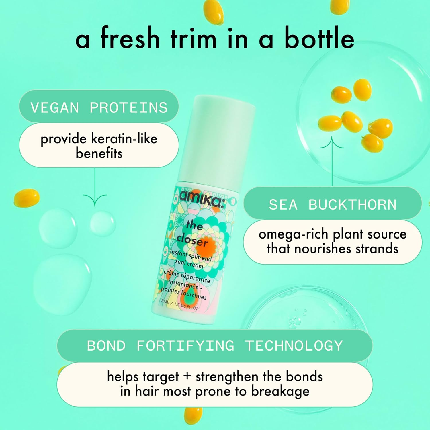 Amika the Closer Instant Split End Seal Cream &ndash; Split End Repair Cream for Damaged Hair &ndash; Frizz Control & Hair Breakage Treatment with Sea Buckthorn &ndash; 50Ml image number 1