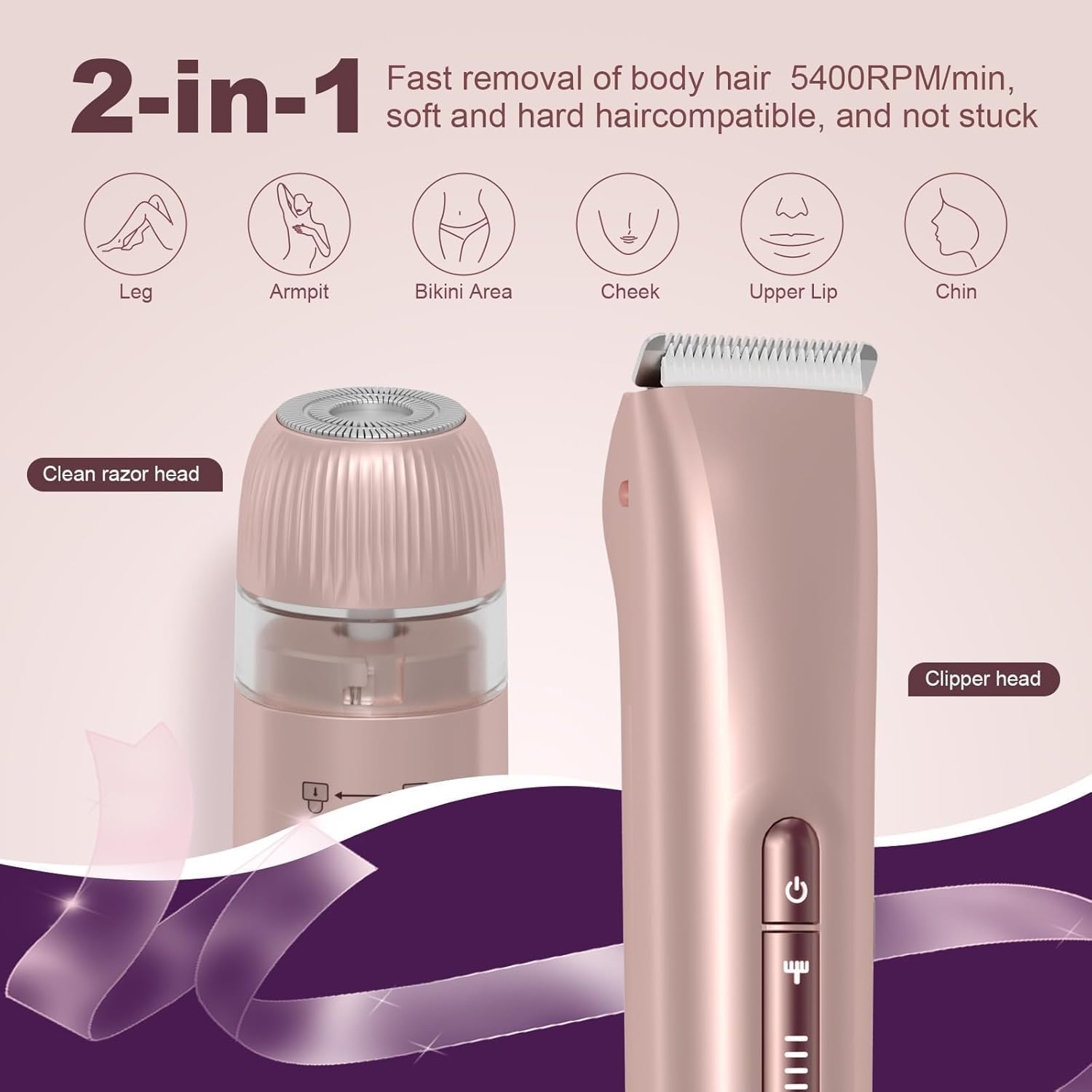 2 in 1 Women Electric Shaver Dual Head Bikini Trimmer for Women IPX7 Waterproof Wet & Dry Use Body Hair Trimmer and Facial Hair Remover for Bikini Underarm Leg Arm Body Face image number 2