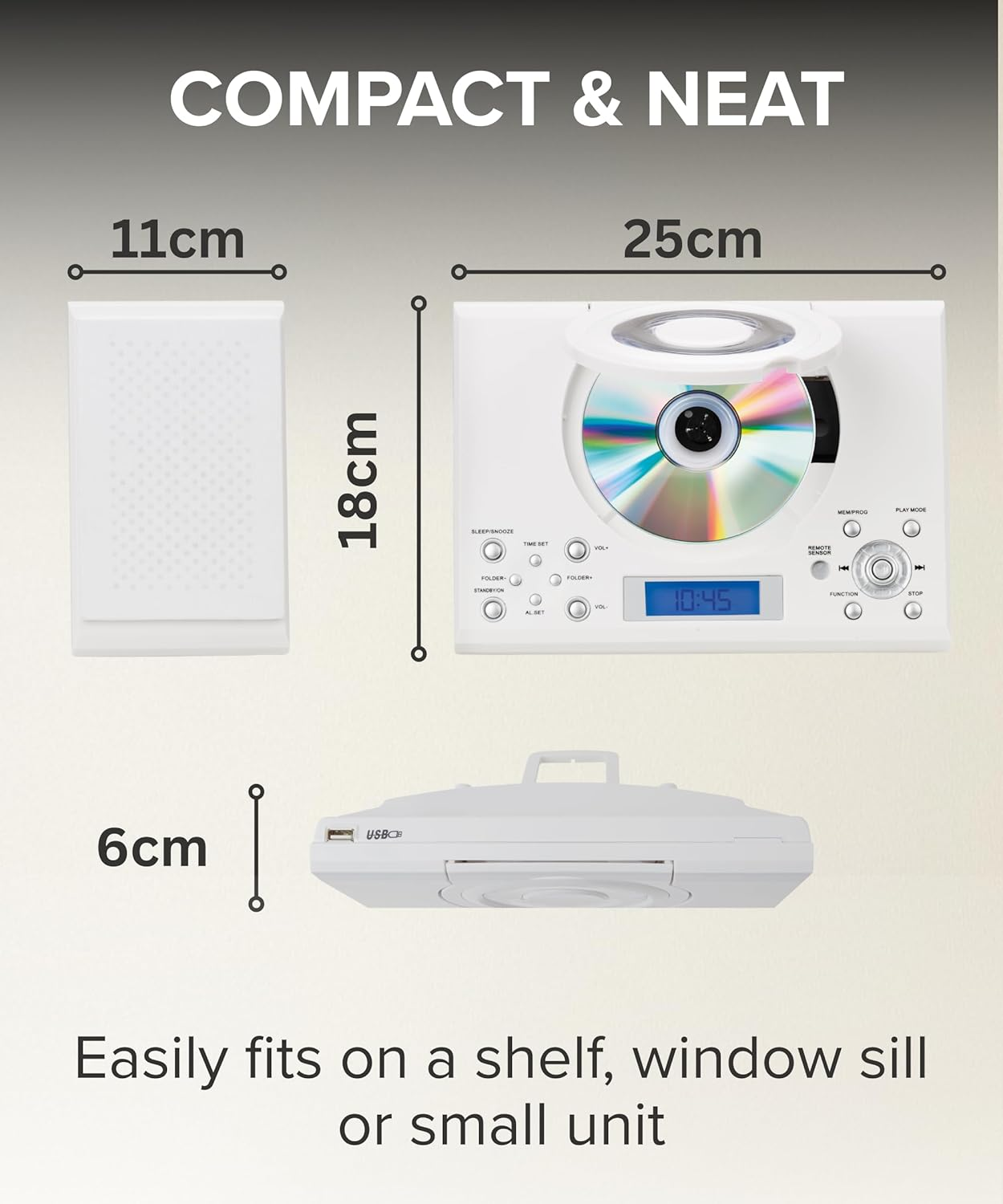Grouptronics GTMC-101 MK2 CD Player Stereo Micro Compact Hifi with USB & MP3, AUX in for Phone/Tablet, FM Radio, Clock Alarm, Desktop Stand or Wall Mountable Remote Control White image number 6
