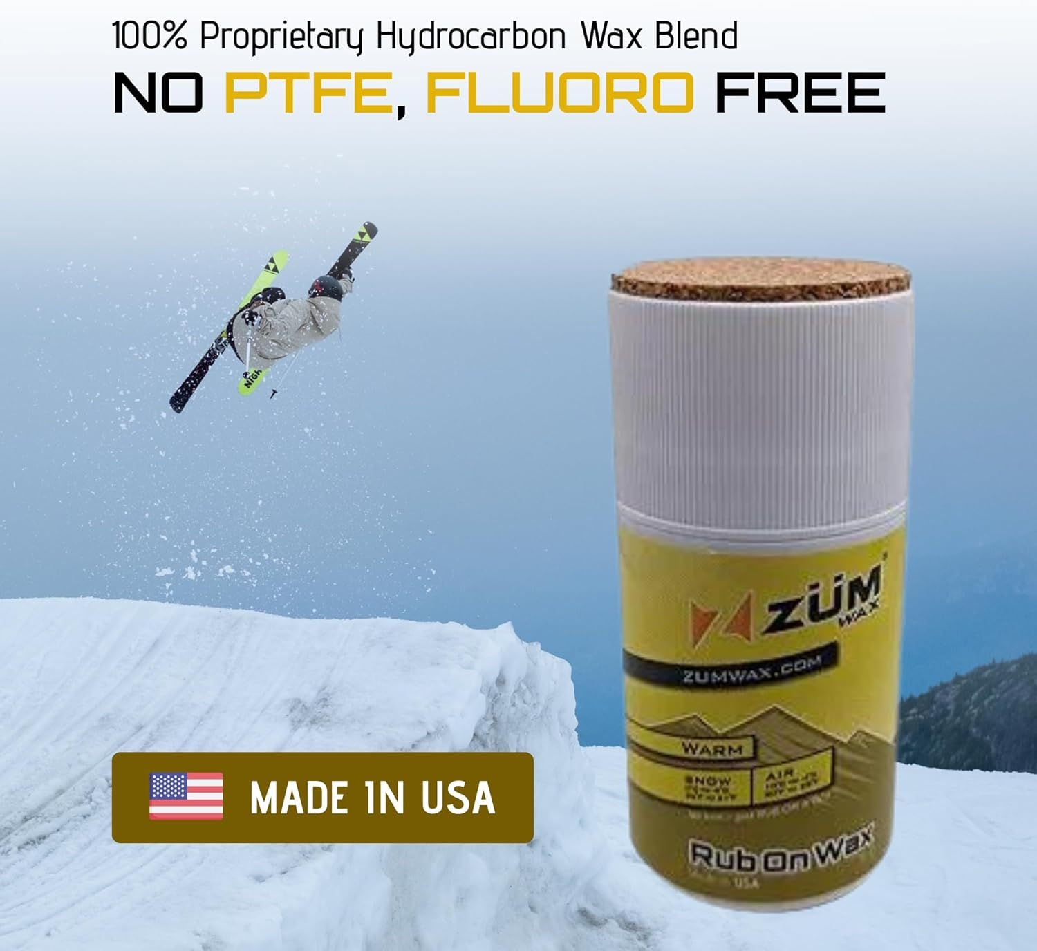 Zumwax Rub-On Ski/Snowboard/Nordic/Cross-Country Wax 70G, WARM Temperature, Easy Cork Applicator, Long-Lasting Performance, Secret Vanilla Scent, Made in USA, Pfas-Free, Excellent Spring Wax image number 3