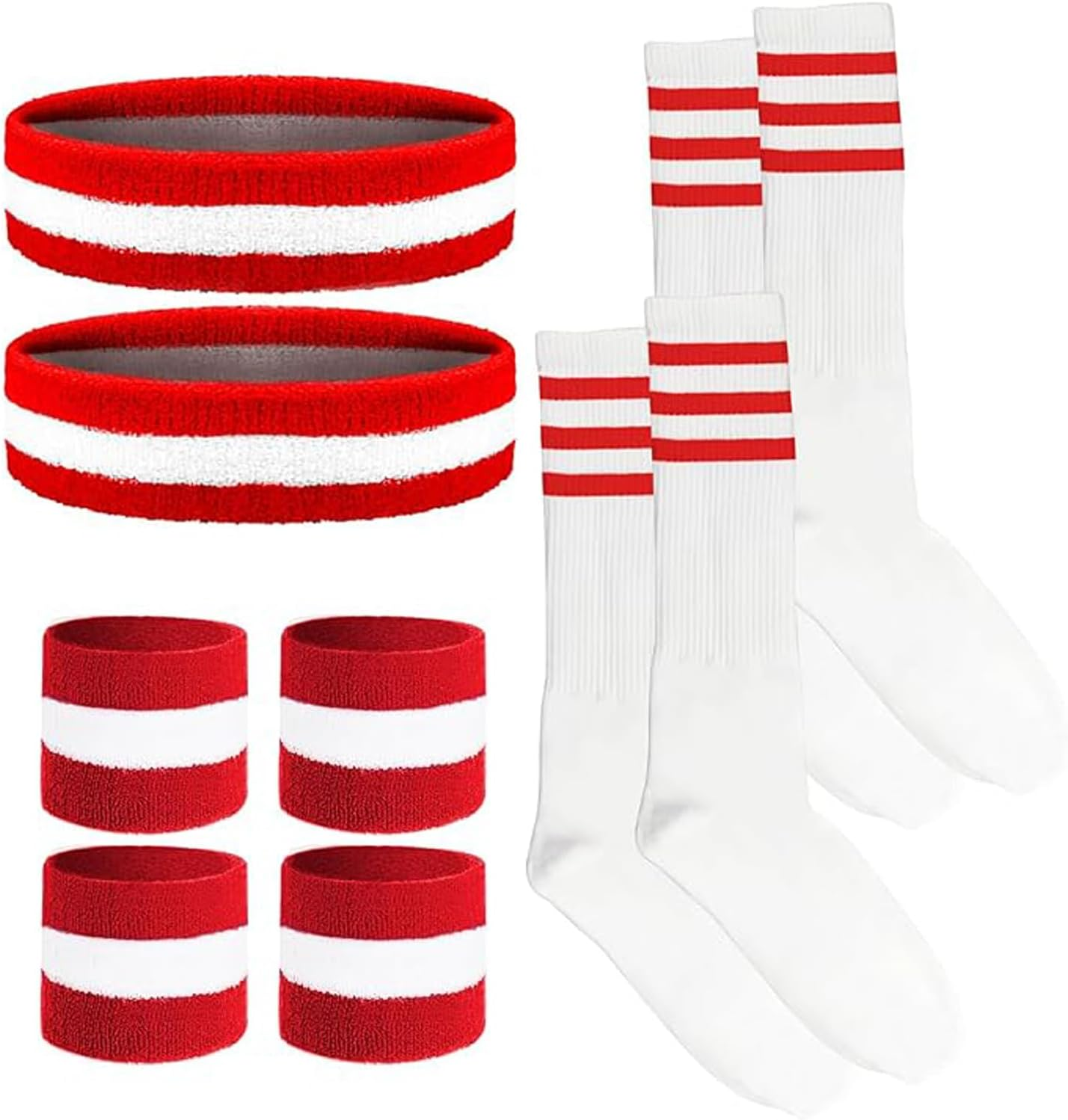 10 Pieces Red and White Striped Socks and Sweatbands Set, 80S Costume Accessories for Women and Men, Soft Breathable Cotton Material, Compatible with Sports and Fitness by Ruibex image number 3
