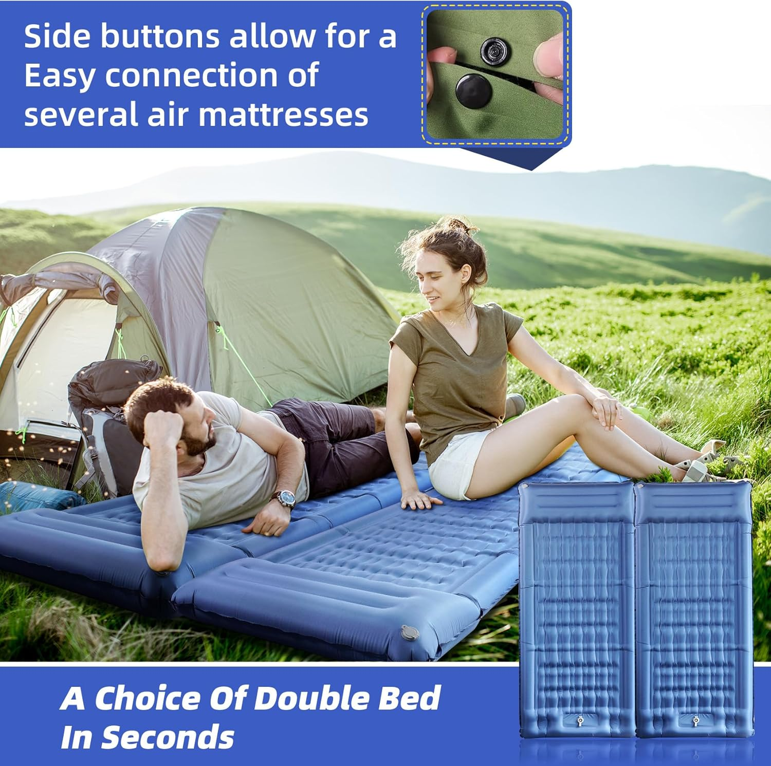 Sleeping Pad for Camping, 32.68" Extra Wide Camping Mattress with Pillow, Inflatable Sleeping Pads with Built-In Foot Pump, 5.11" Thickened Sleeping Mat for Backpacking Hiking Tent (Blue) - Green image number 2