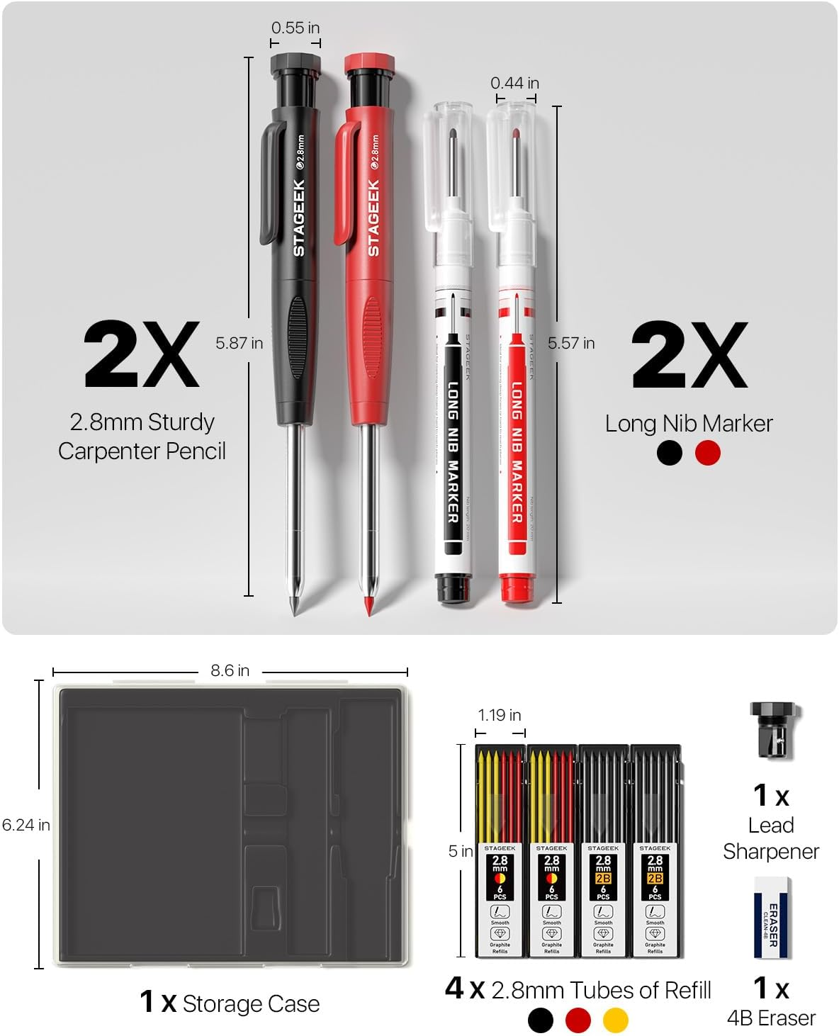STAGEEK 2PCS Carpenter Pencils with Sharpener, Heavy Duty Woodworking Tools, Mechanical Pencil Set with 26 Refills, Deep Hole Long Nib Marker Pens for Architect Marking with Case (Black, Red) image number 5