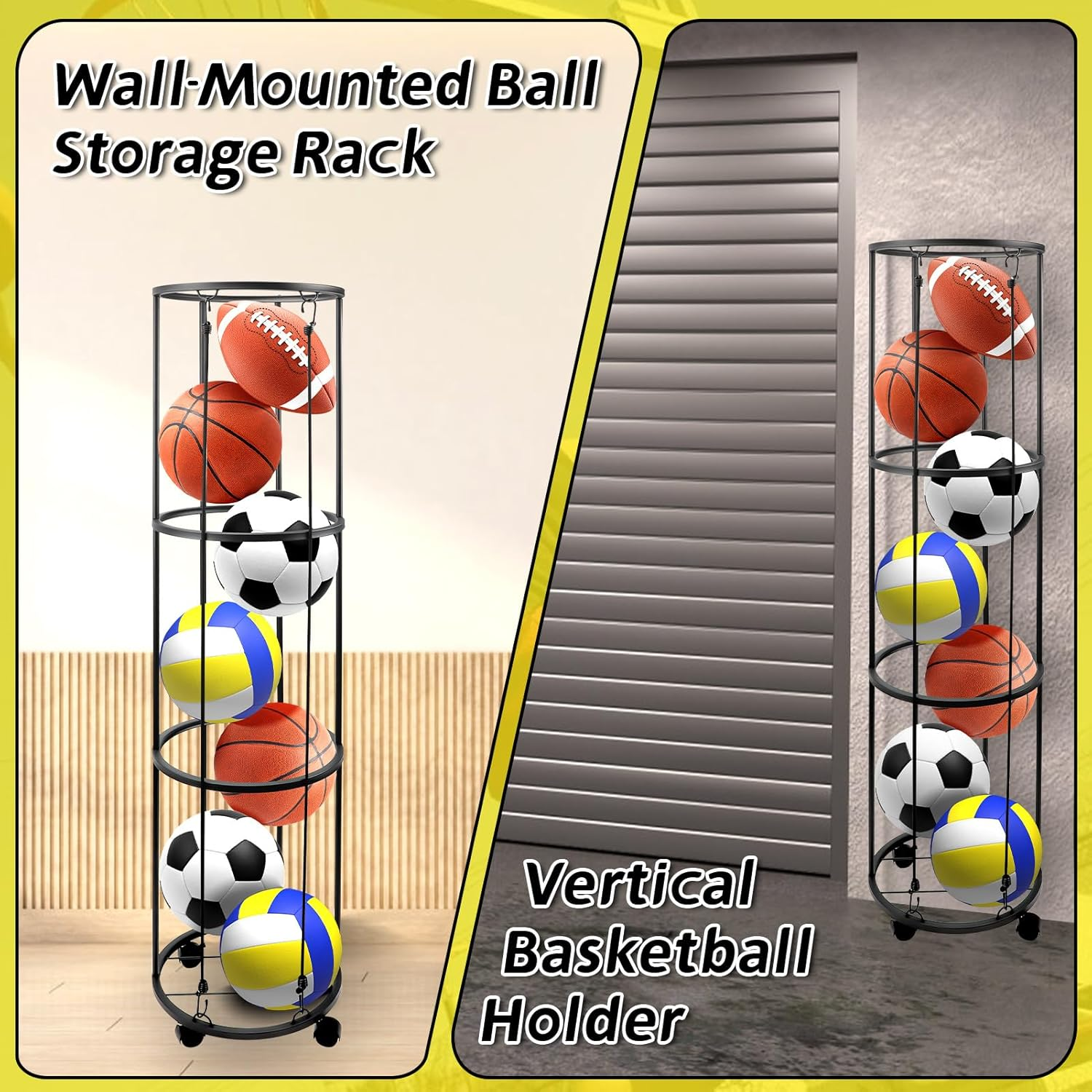ZEMBSOYA 3 Layer Garage Ball Storage, Columnar Vertical Ball Storage Racks with Wheels, Ball Rack Organizer for Basketball, Football, Volleyball, Ball Organizer for Room, Garage, Home image number 4