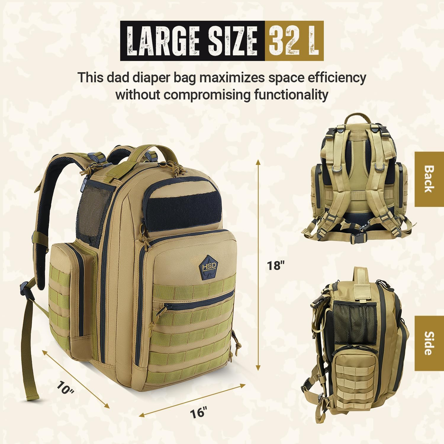 HSD Dad Diaper Bag Backpack, Changing Mat, Wipes & Bottle Pockets, Waterproof image number 4