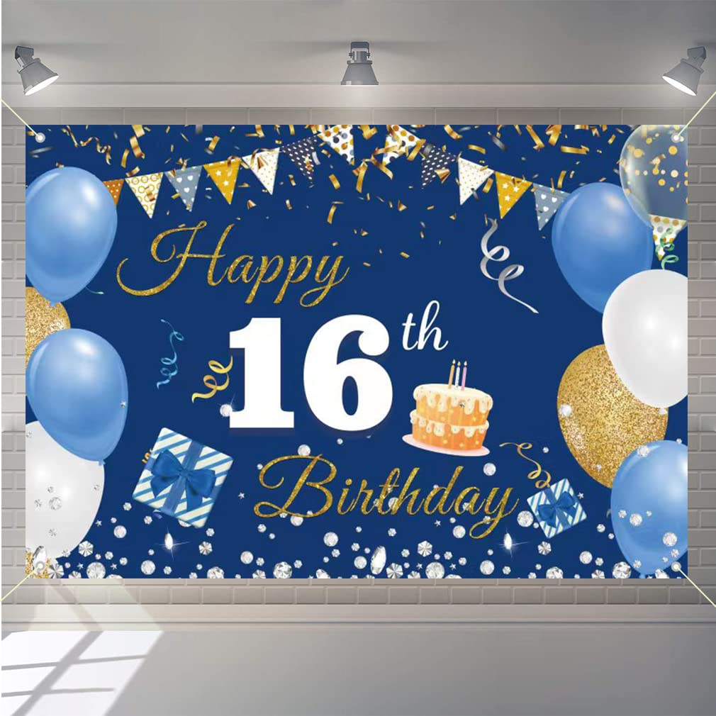 Tecreo 16Th Birthday Decorations Happy 16Th Birthday Backdrop Banner for Boys/Girls Happy 16 Years Old Fabric Sign Poster, Blue, 59"X35.4" image number 3
