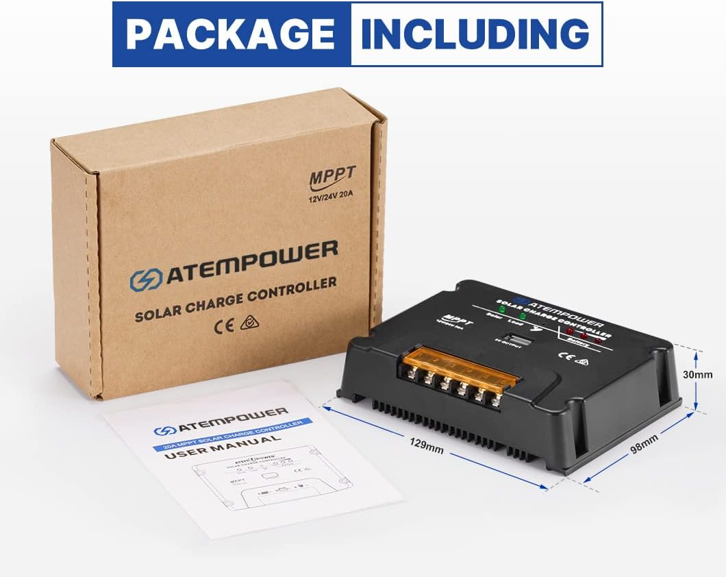 ATEM POWER 20A MPPT Solar Charger Controller 12/24V with USB Port, Multi-Stage Algorithm, Multi-Protection, Battery Regulator for Solar Panel/Load/Lead Acid Deep Cycle Battery/Lithium Battery image number 2