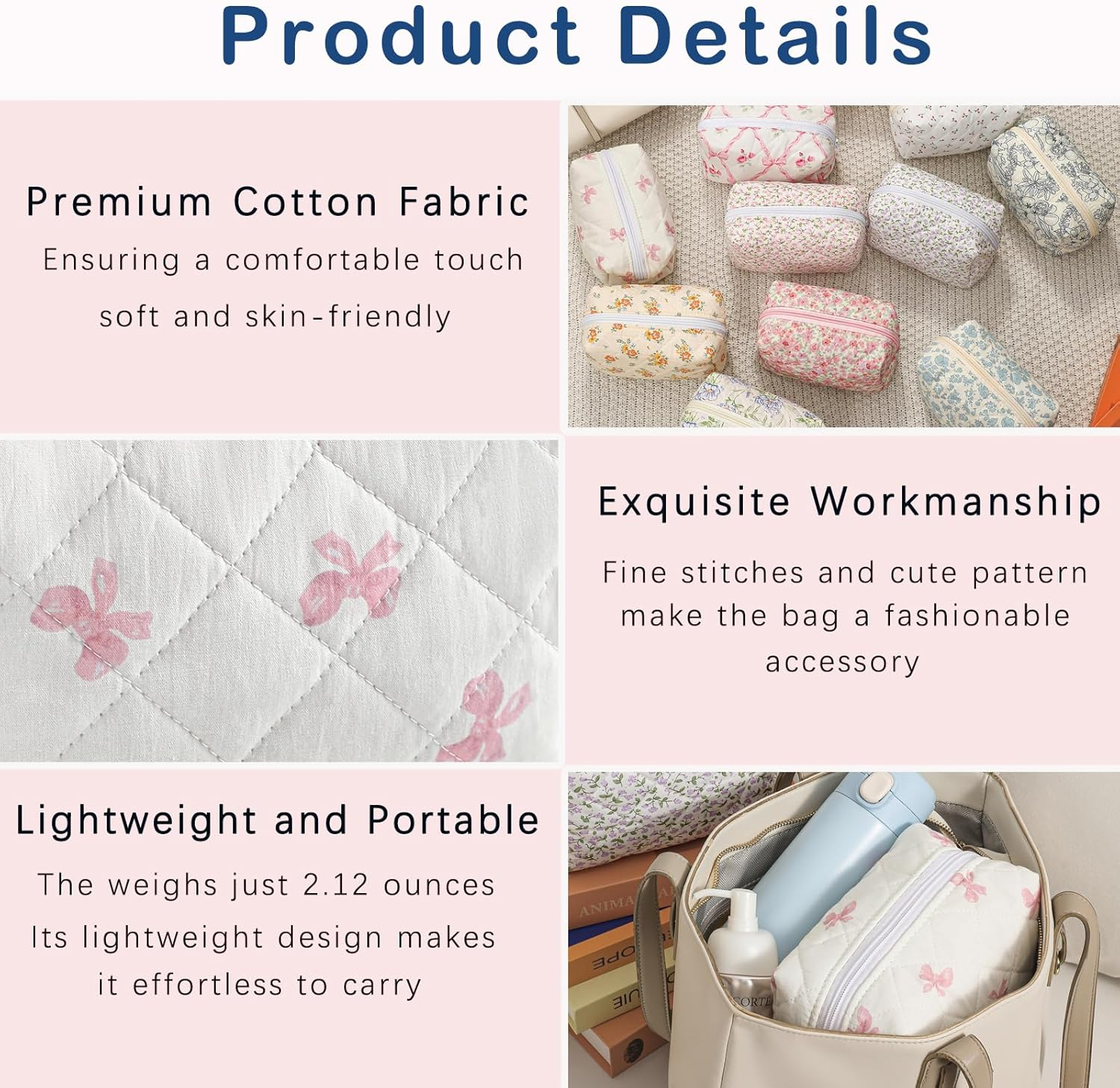 Cute Small Makeup Bag,Quilted Floral Cotton Cosmetic Pencil Pouch, Quilted Flowers Pencil Case with Zipper, Kawaii Travel Toiletry Bags for Purse, 12White Bear - 02Blue Flower image number 5