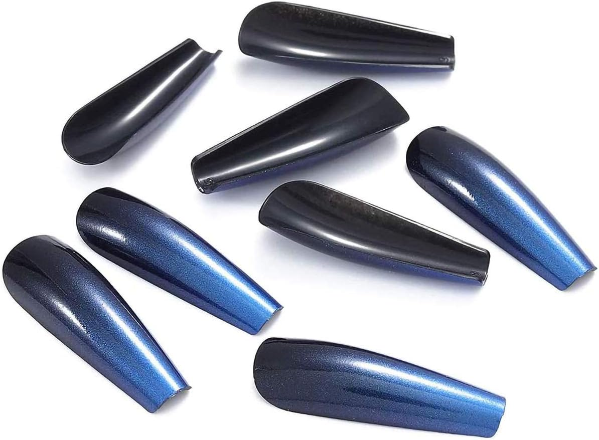 24PCS Extra Long Black Blue Press on Nails,Glossy Gradient False Nail Full Cover Coffin Ballerina Nails Tips for Women Girls Party Salon image number 1