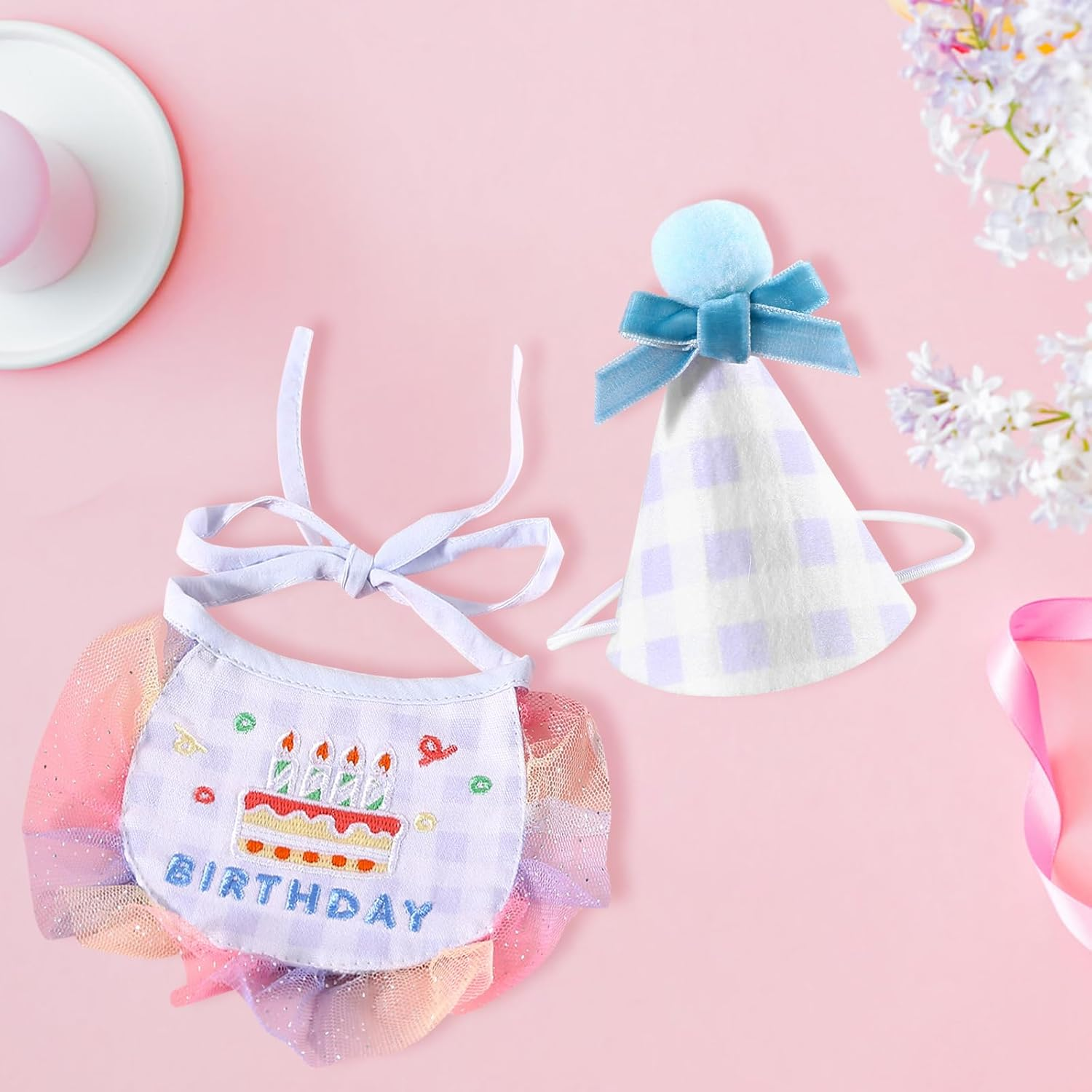2Pcs Pet Happy Birthday Hat Scarf Set Cute Embroidered Cat Bandana Outfit Pet Bowknot Cone Hat Cat Plaid Pattern Princess Costumes Dog Lace Bib Pet Party Supplies Decoration (Blue) image number 2
