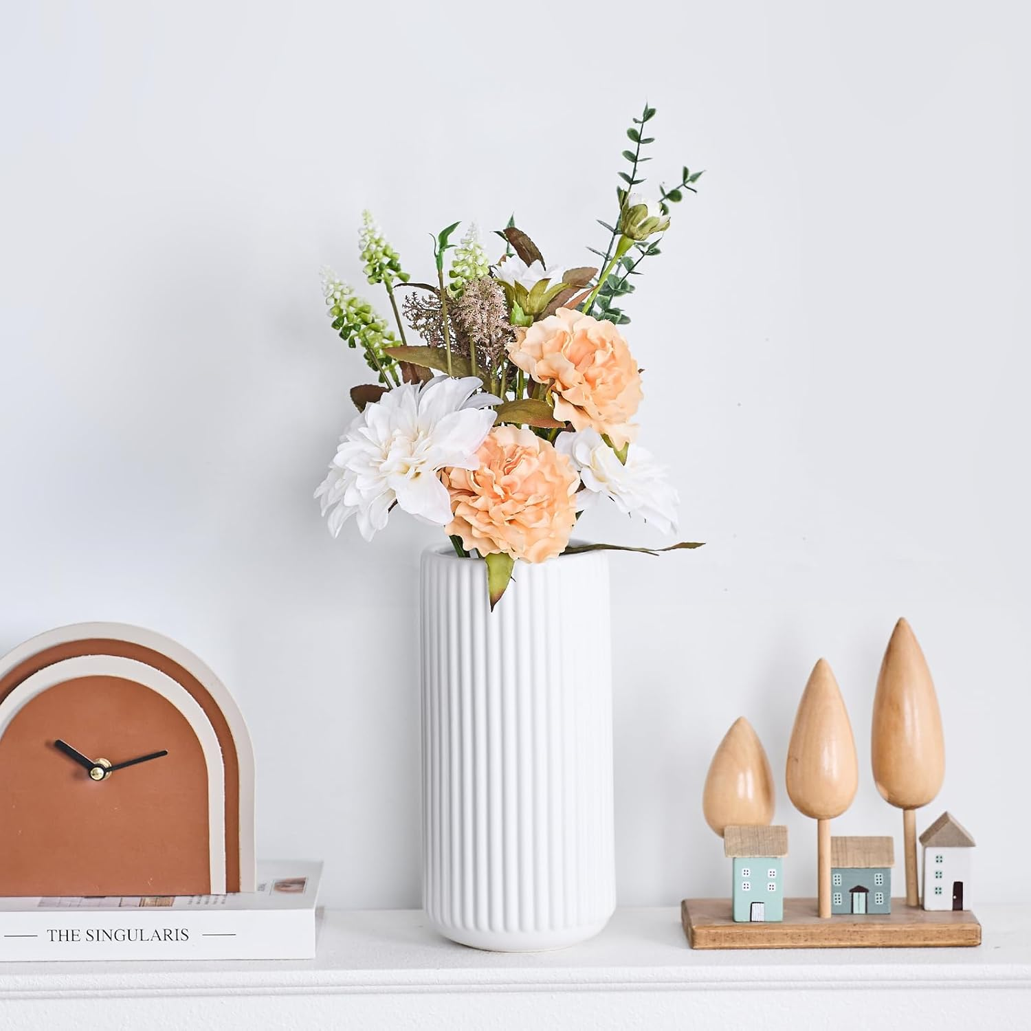 White Ceramic Flower Vase for Pampas Grass, 8 Inch Small Decorative Centerpiece Ribbed Vase for Dining Table, Office Desktop, Shelf Bookshelf, Mantel, Entryway, Bathroom, Countertop, Farmhouse, Gift image number 7