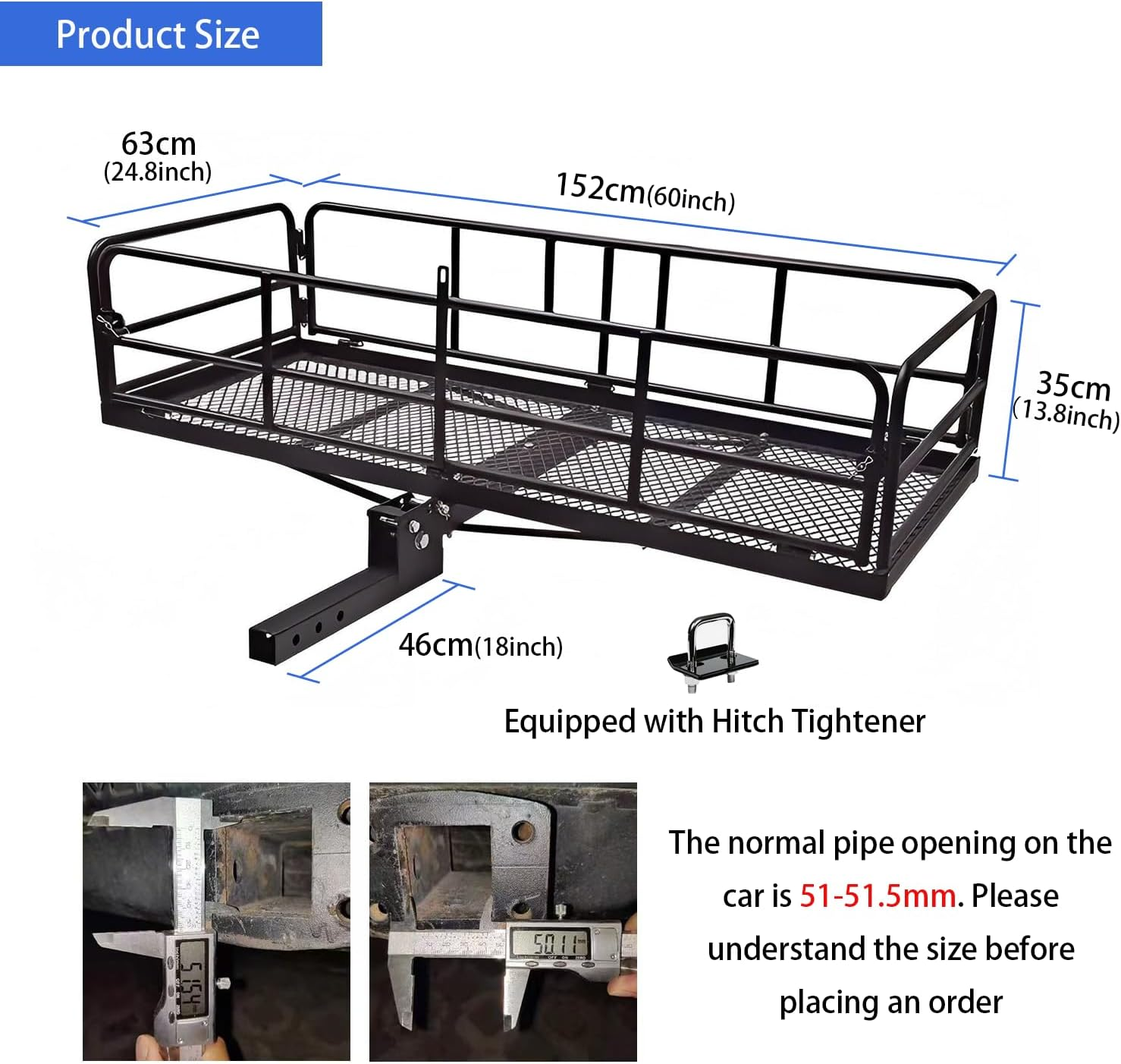 500 Lbs Heavy Duty Hitch Mount Cargo Carrier 60" X 24" X 14.4" Folding Cargo Rack Rear Luggage Basket Fits 2" Receiver for Car SUV Camping Traveling image number 1