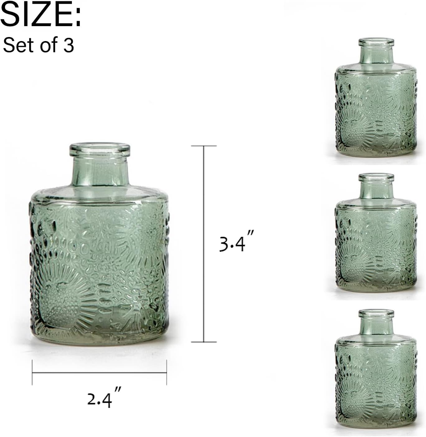 Glass Bud Vase Set of 6, Small Flower Vases for Decorative, Gradient Glass and Embossed Style Mini Glass Bottles for Home Decor, Vintage Glass Bottles 3.3"-5.2''H. (Mini Set of 3) image number 1