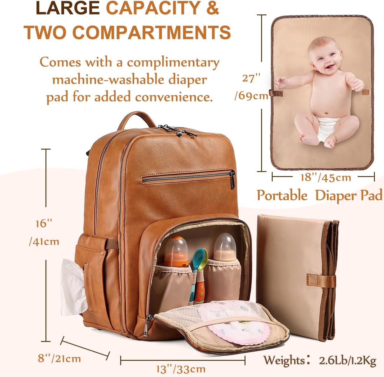 Diaper Bag Backpack, VASCHY Unisex Large Waterproof Vegan Leather Baby Nappy Bag with Changing Pad,Insulated Pockets,Padded Laptop Sleeve for for Mum,Dad,Travel,Business image number 5